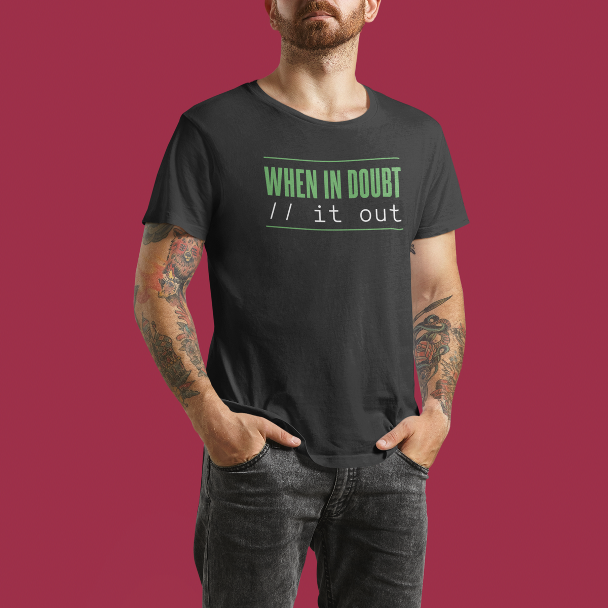 'When In Doubt, Print It Out' t-shirt in black, man model wearing it against a maroon background