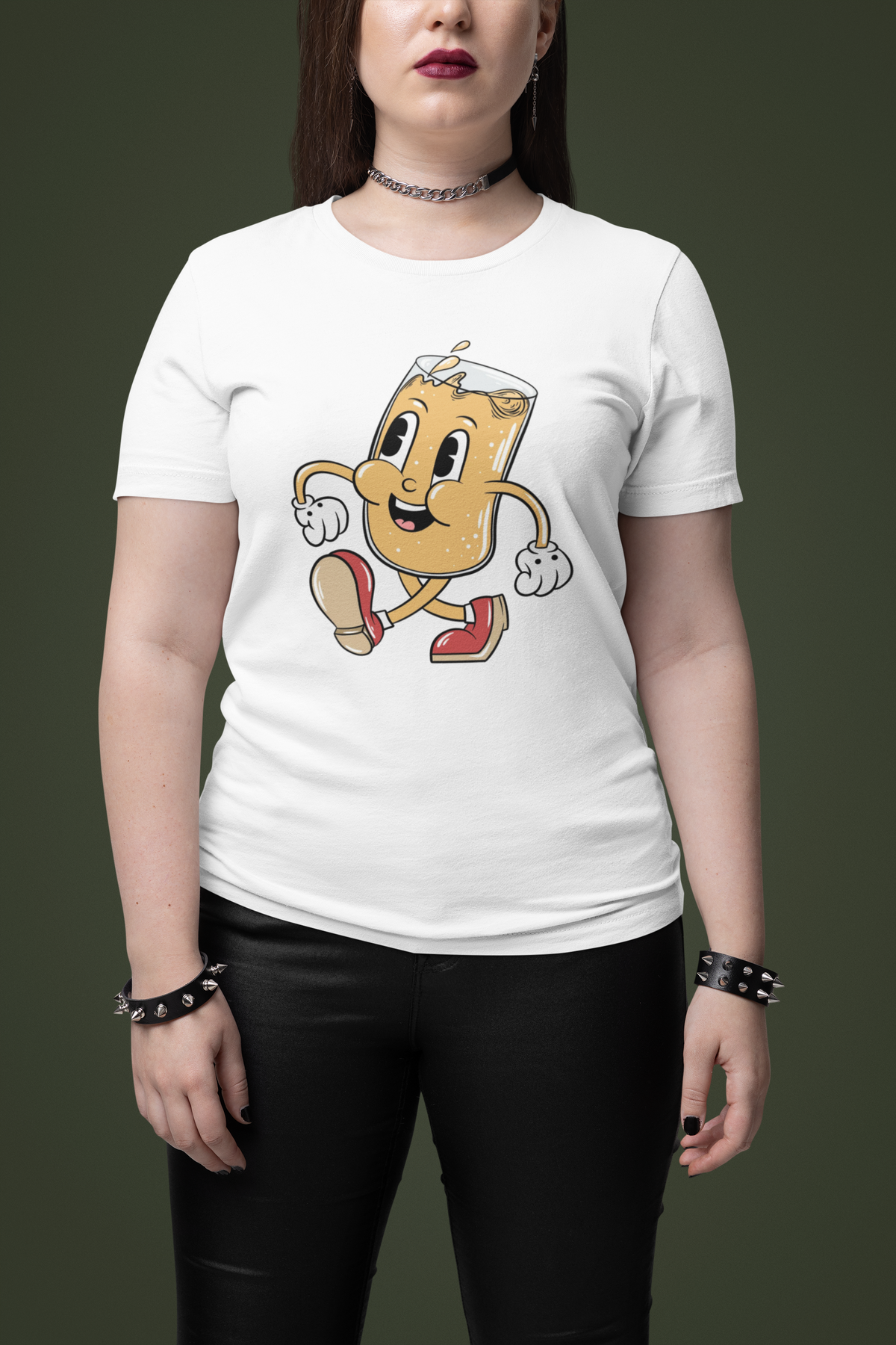 Cartoon beer mug t-shirt in white, woman wearing it against a dark green backdrop, funny beer lover gift