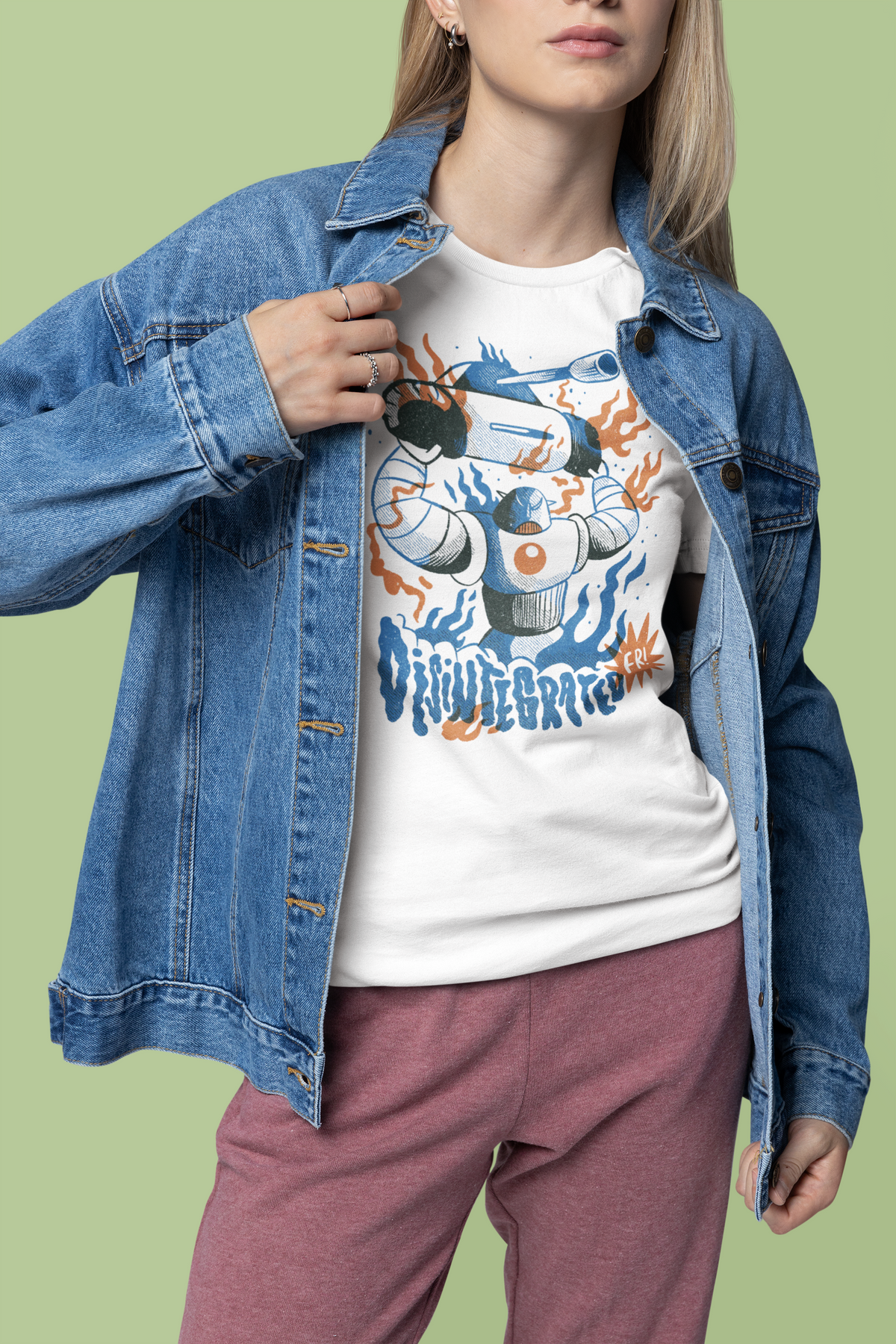 Huge Robot t-shirt in white, woman wearing it under an open denim jacket
