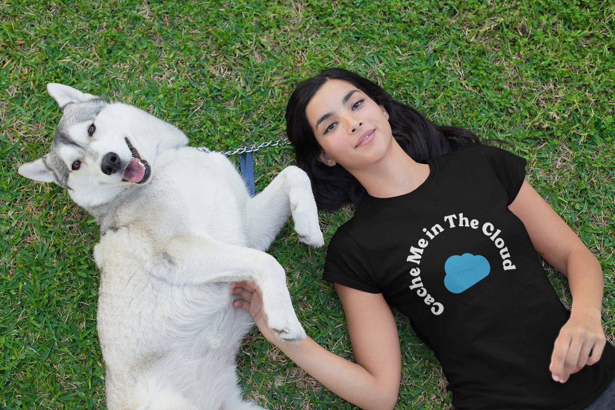 Cache Me in The Cloud tee in black, woman lying on grass with a husky, funny cloud gift
