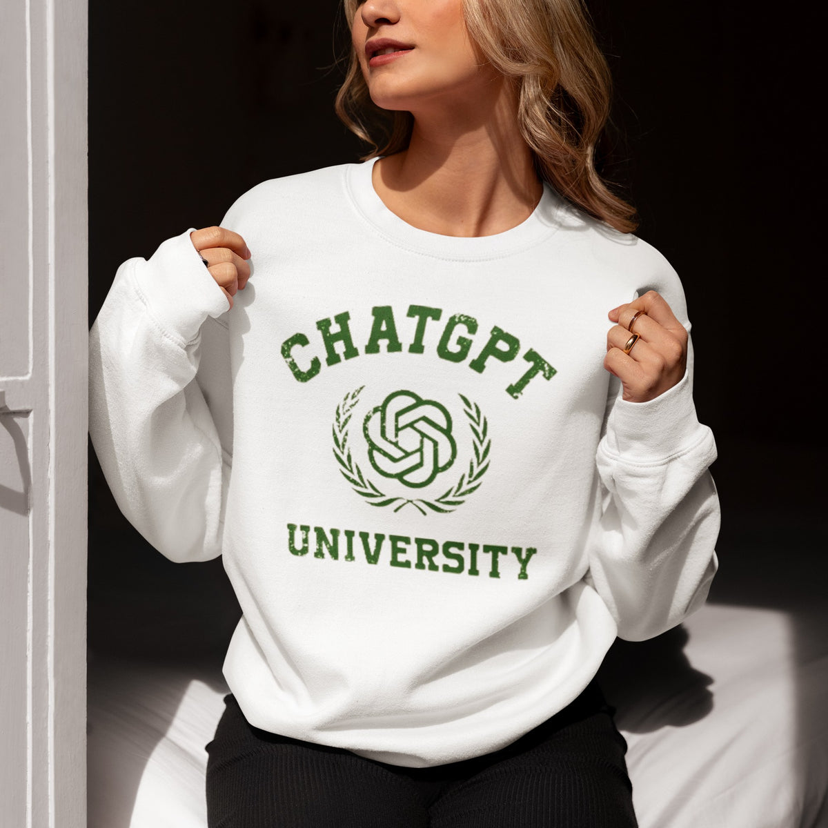 Chat GPT University Sweatshirt lifestyle mockup, Geekpsters
