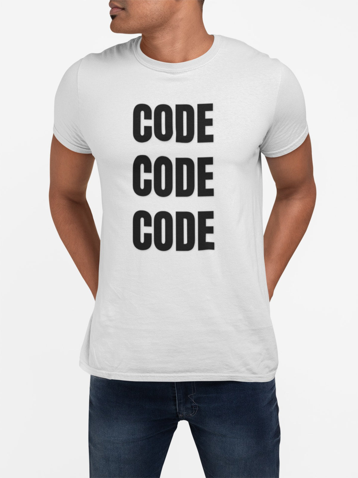 Code Code Code T-Shirt lifestyle mockup, Geekpsters