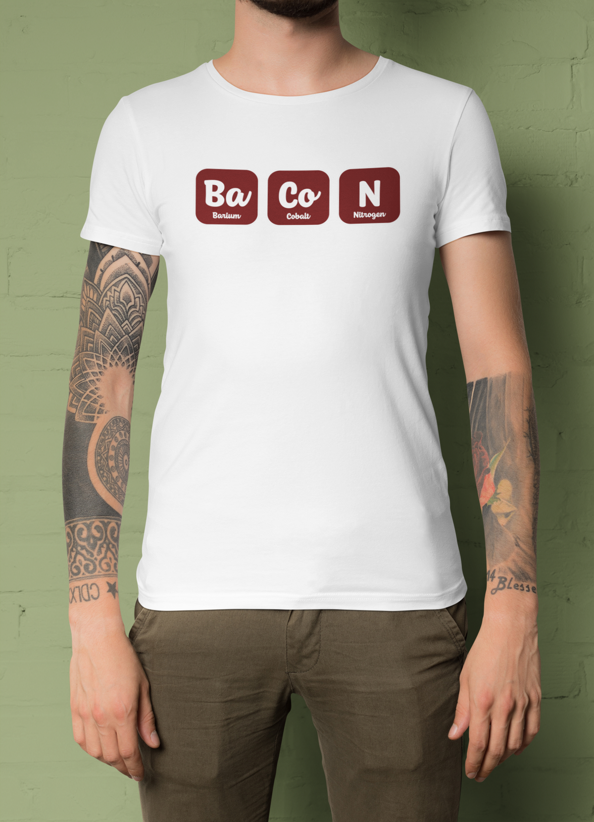 'Bacon' periodic table T-shirt in white, woman wearing it, funny gift for chemistry lovers