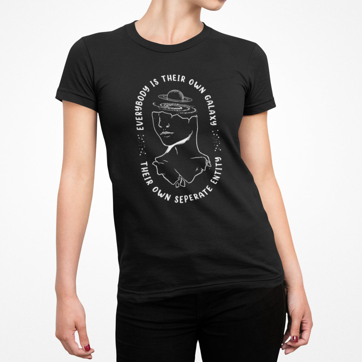 Everybody Is Their Own Galaxy Women's Tee lifestyle mockup, Geekpsters