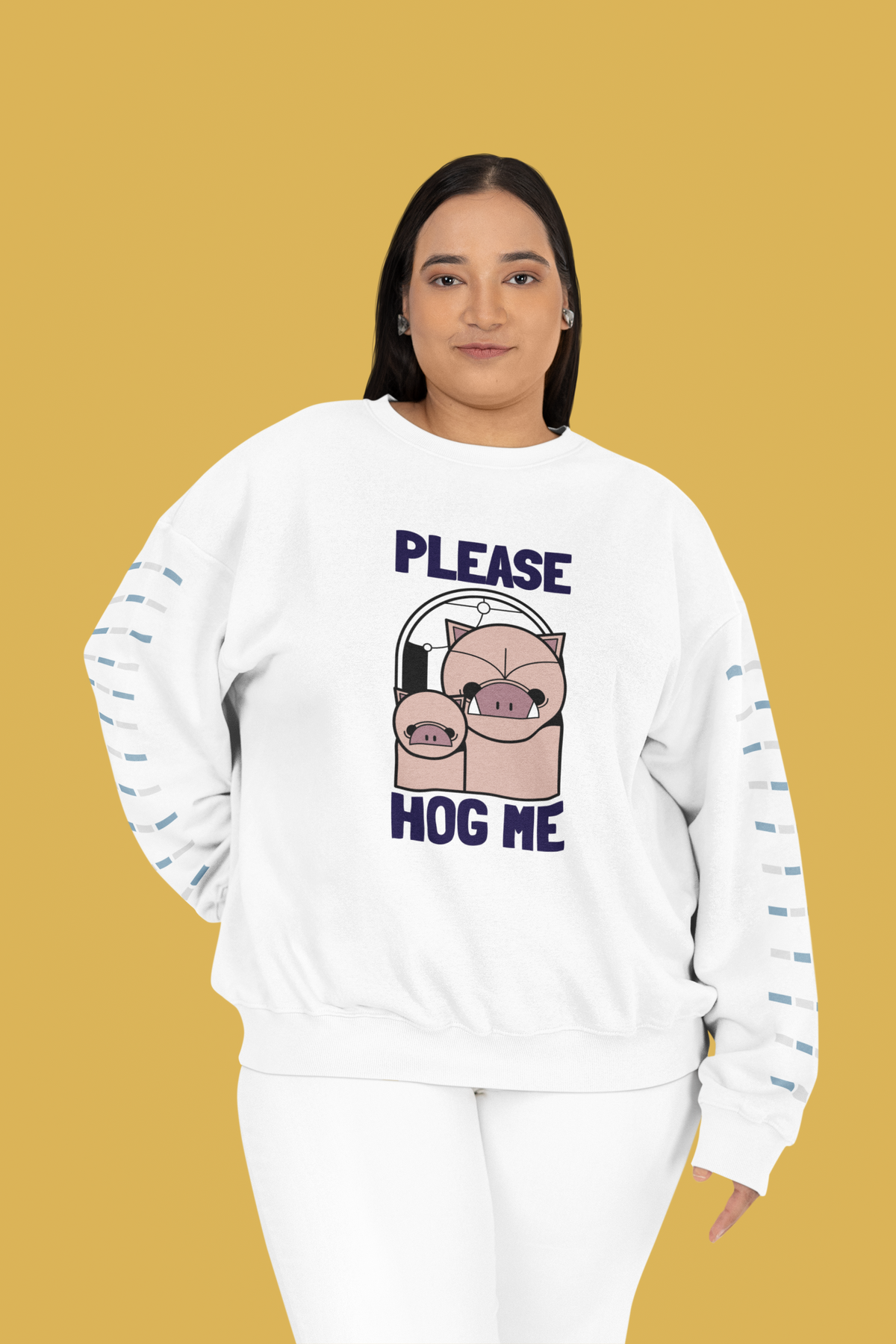 'Please Hog Me' pig graphic sweatshirt in white, plus size woman wearing it, mustard backdrop gift