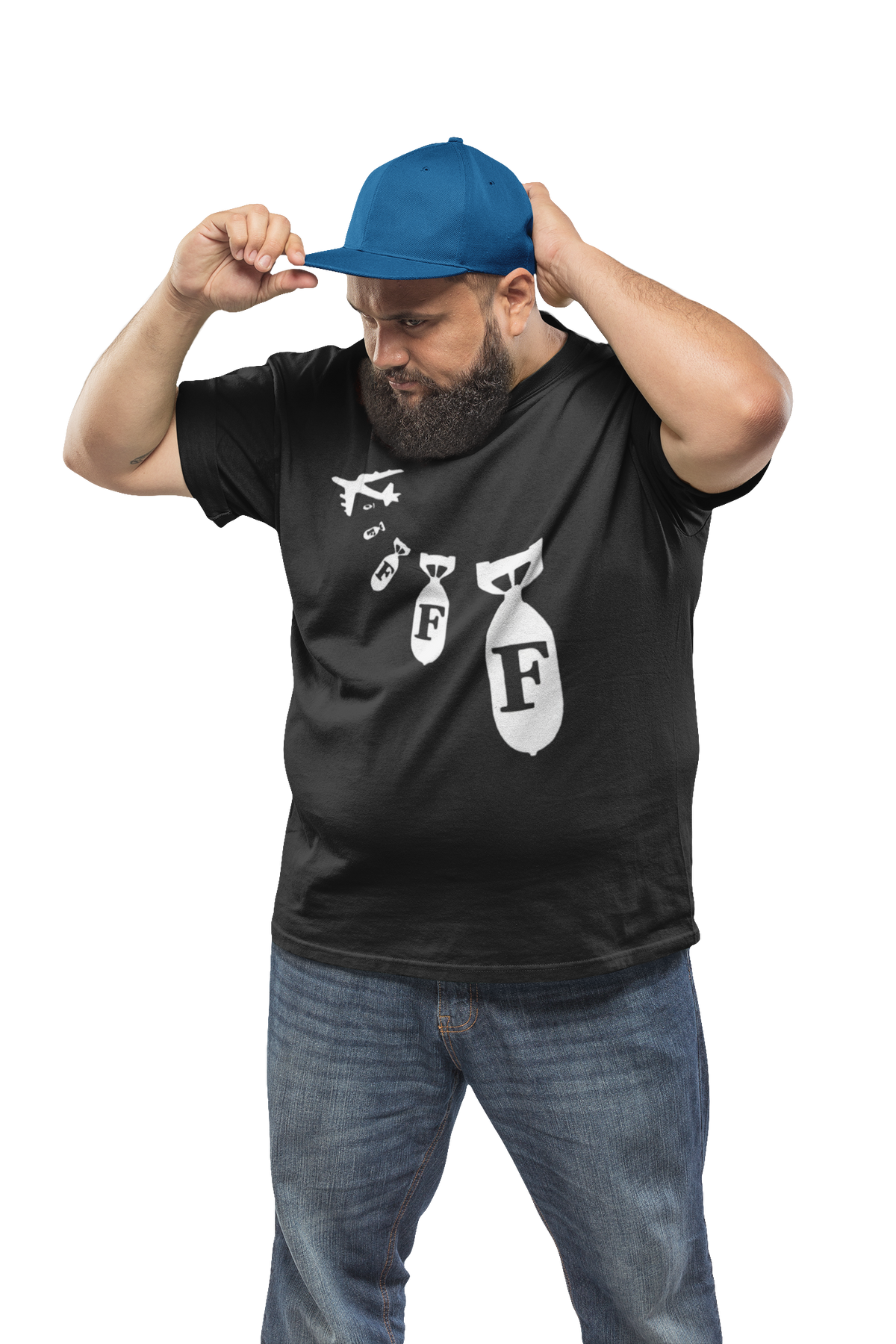 "F Bomb" t-shirt in black, man wearing a cap and adjusting it, funny sarcastic gift t-shirt