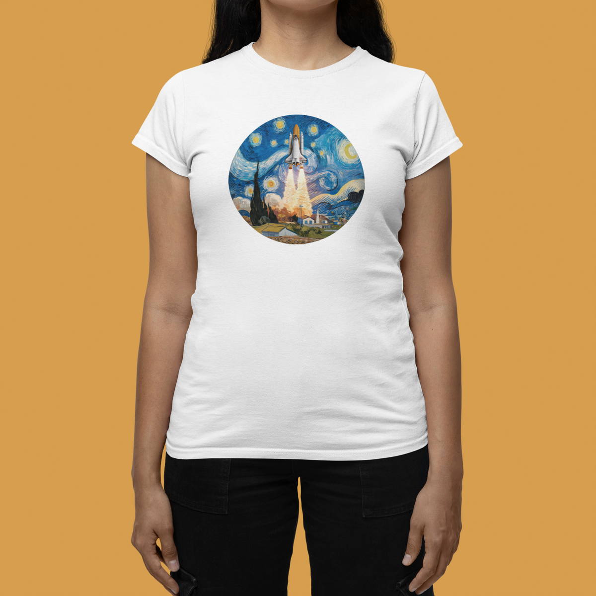 Van Gogh Spaceship Women's Tee in white, woman wearing it against mustard backdrop, starry night rocket art gift