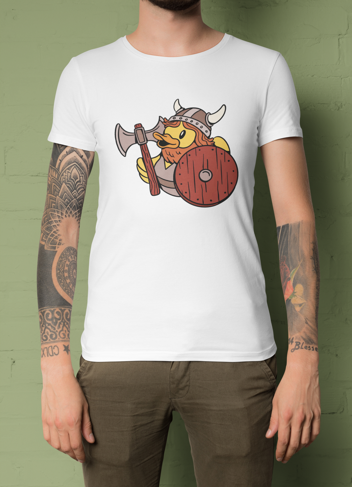 Viking duck t-shirt in white, man model wearing it against a dark green background, funny gift for duck lovers