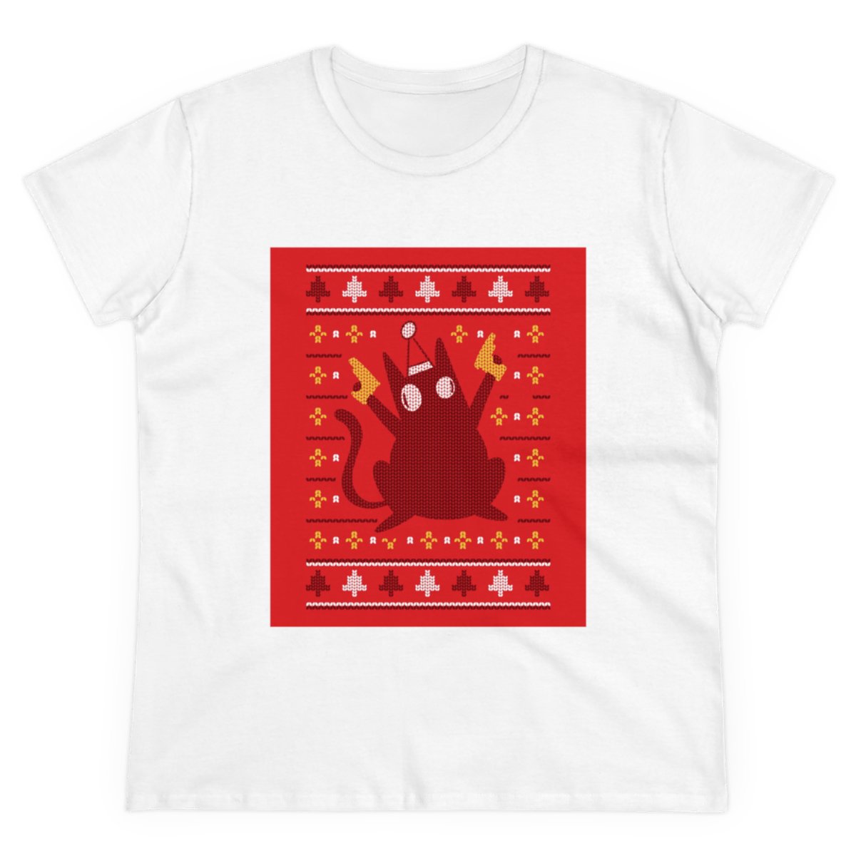 The Ugly Sweater Cat - Women's Tee features a red holiday cat graphic with a Santa hat and antlers, plus festive patterns—perfect for showing off your nerdy style this season.