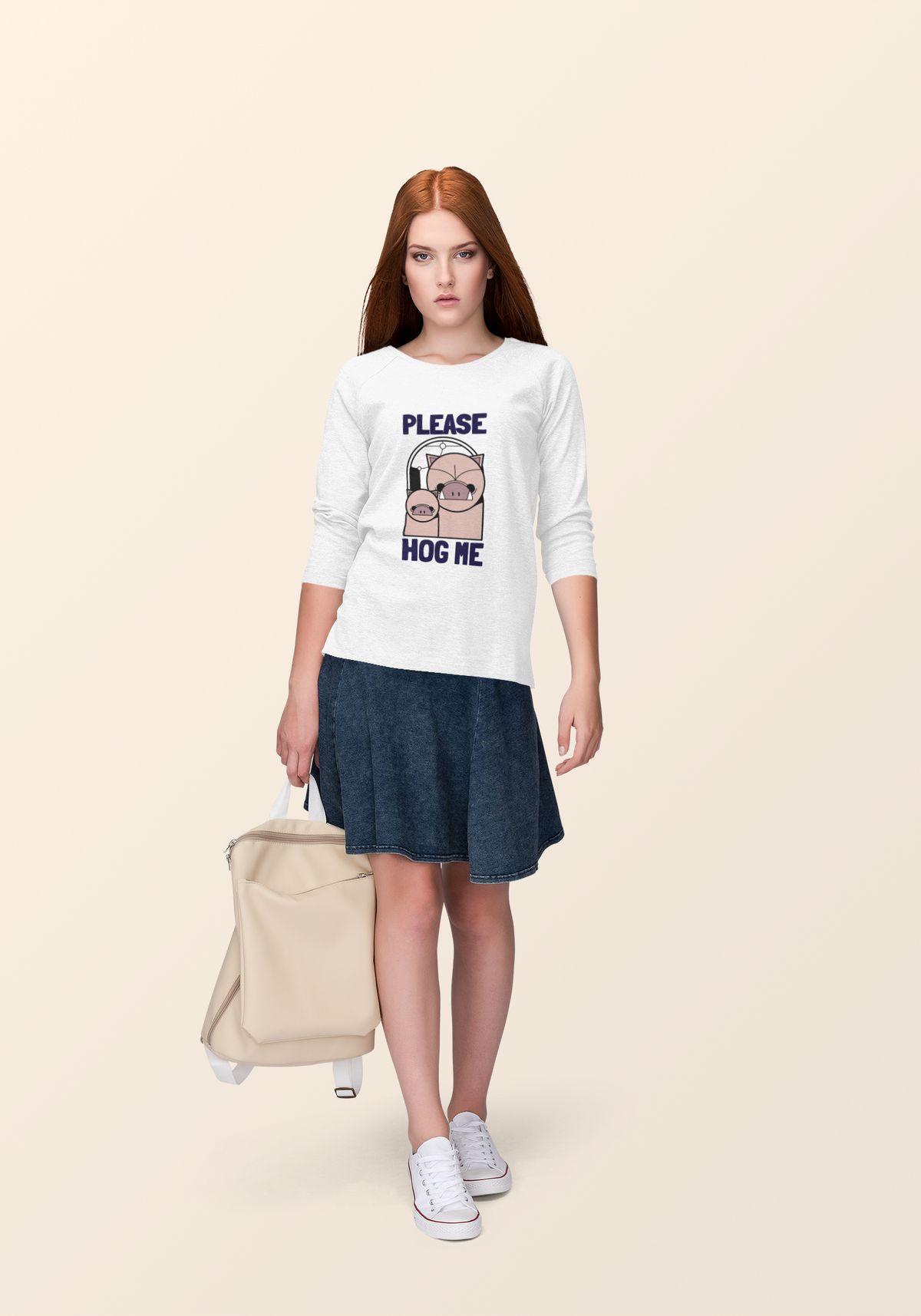 'Please Hog Me' pig graphic sweatshirt in white, woman wearing it, cream backdrop, funny pig gift