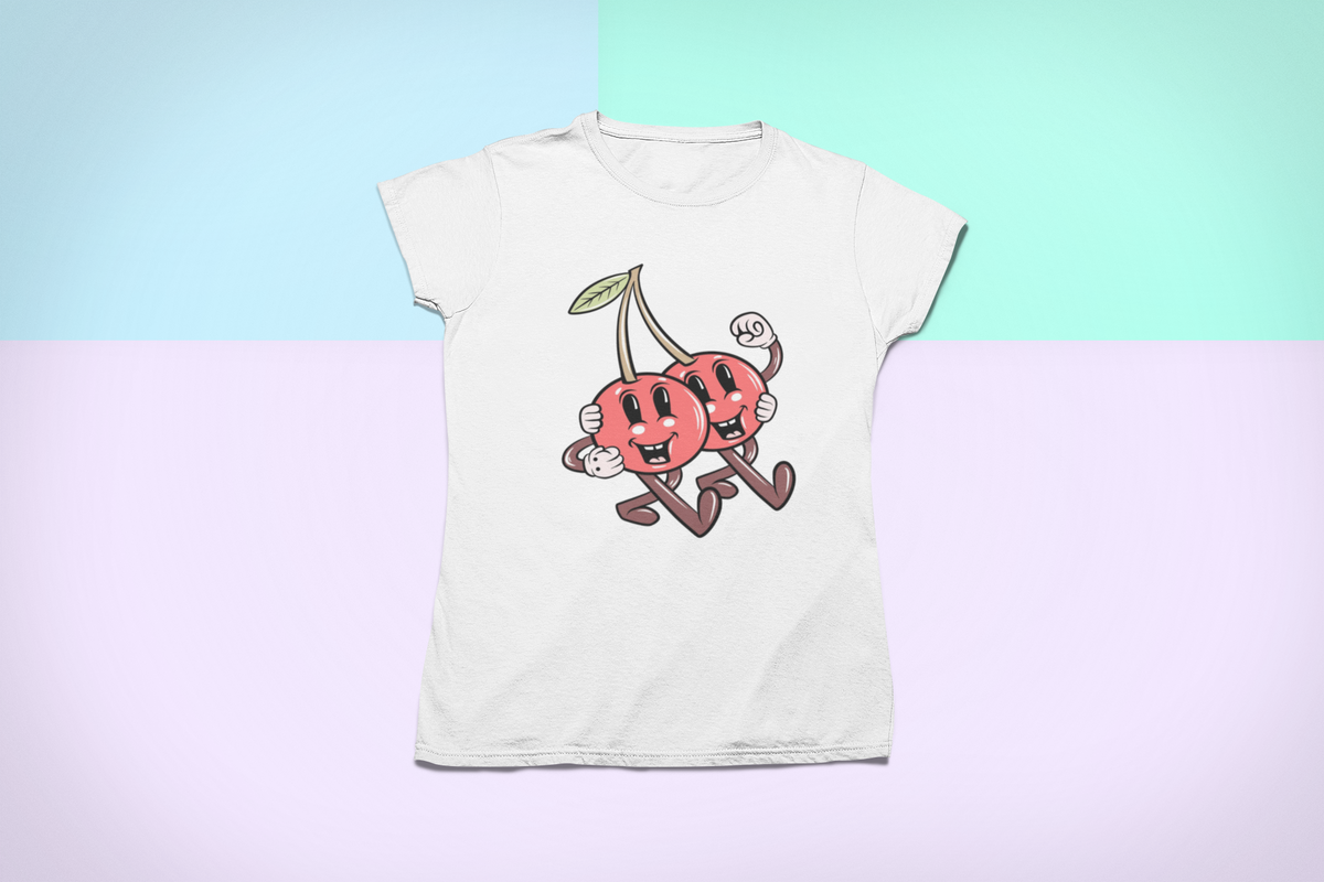 Cheery cartoon cherries t-shirt in white, flat lay on a pastel background, funny cute foodie gift