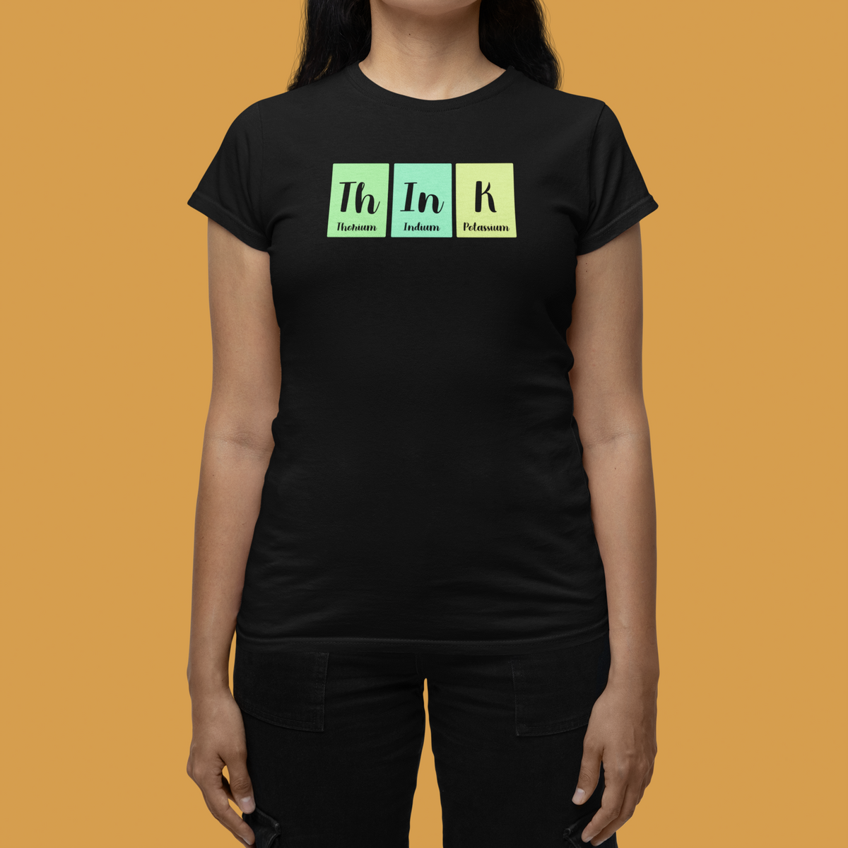 'Think' periodic table women's t-shirt in black, close-up of woman wearing it, funny chemistry gift for thinkers