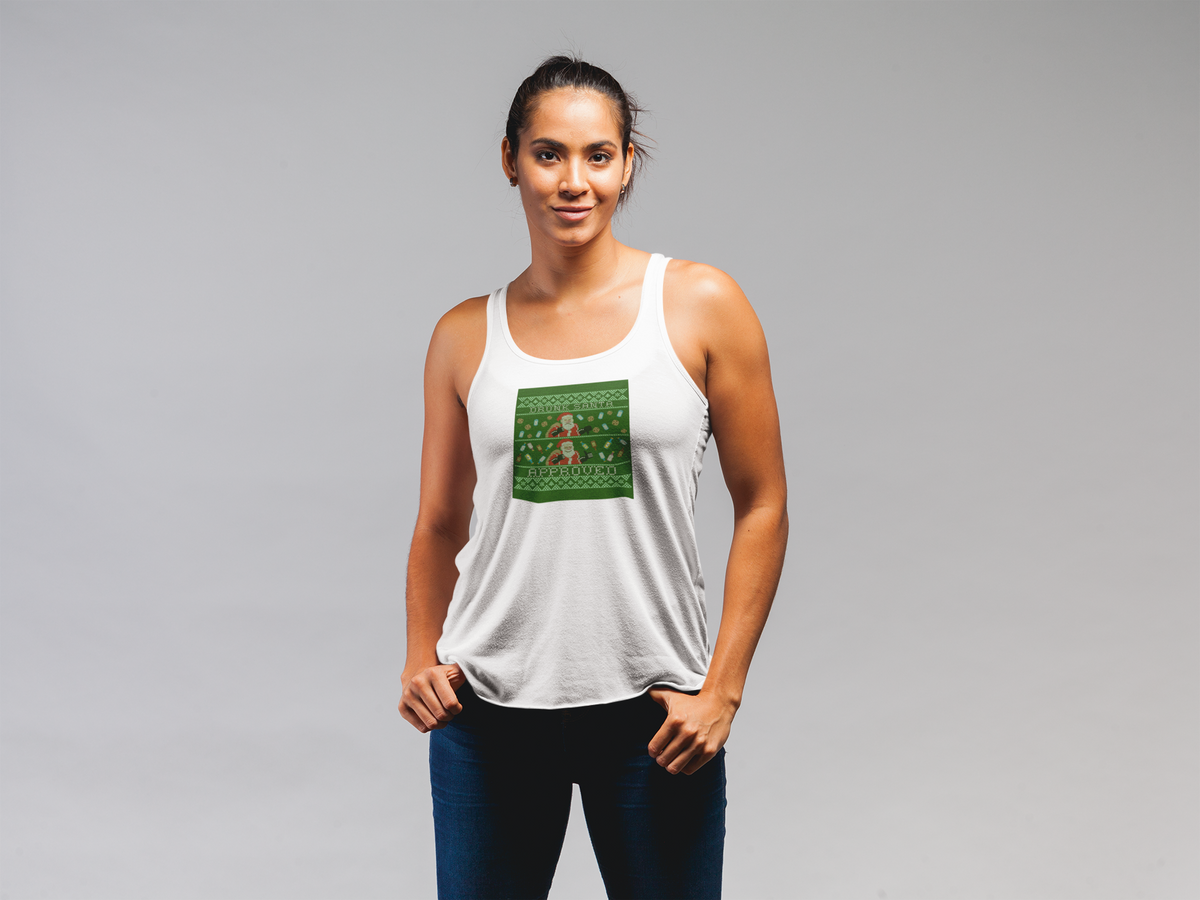 'Drunk Santa Approved' Santa graphic tank top in white, woman wearing it in studio, funny Christmas gift