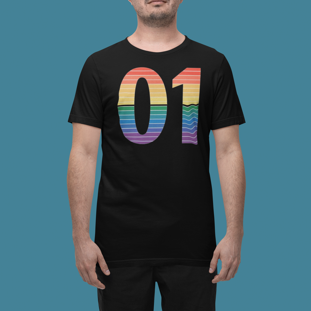 '01 Binary' t-shirt in black, man wearing it in a studio, T-Shirt mockup, Geekpsters