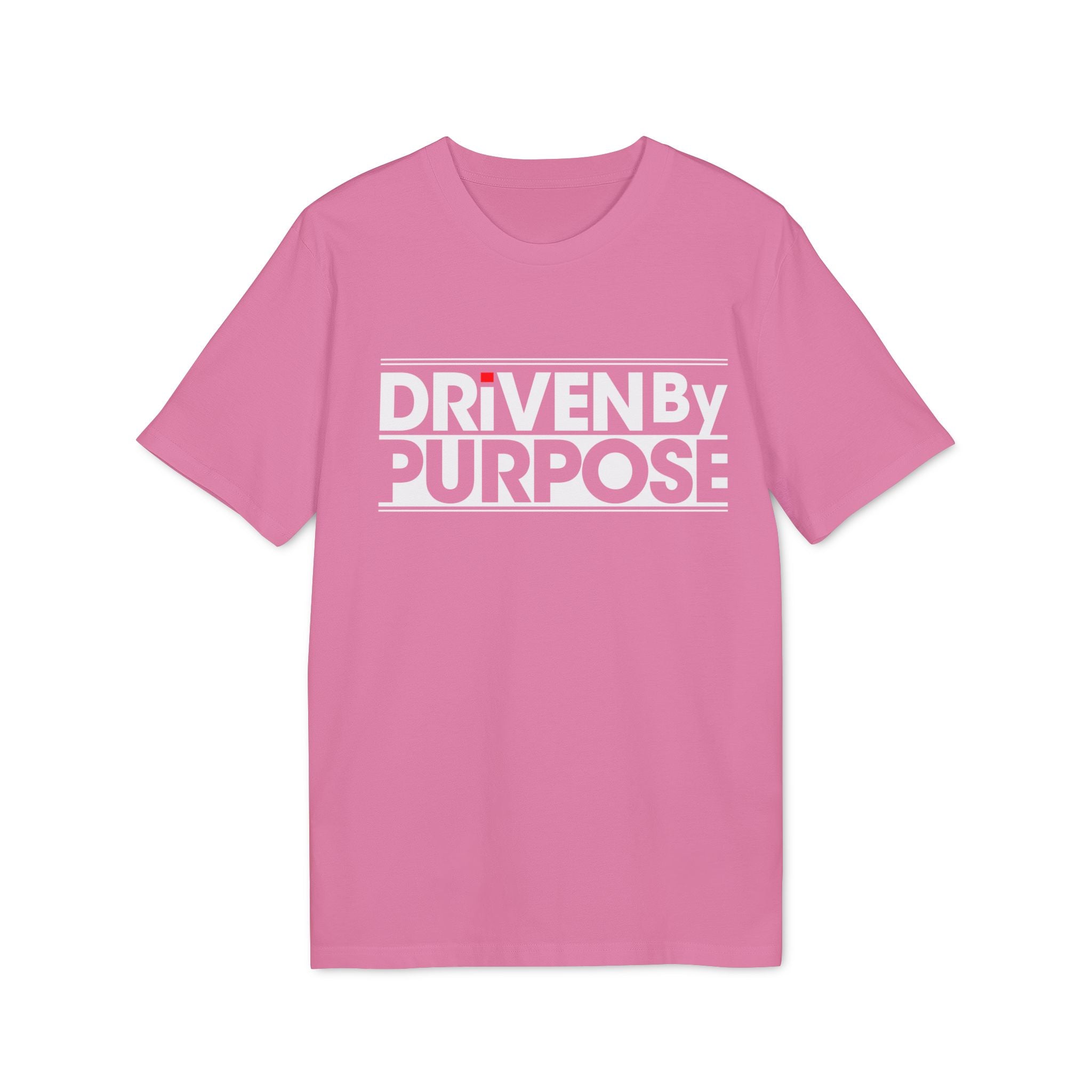 The Driven by Purpose - Organic T-Shirt is a pink, eco-friendly tee made from organic cotton, featuring "DRIVEN BY PURPOSE" in bold white letters for comfortable and conscious style.