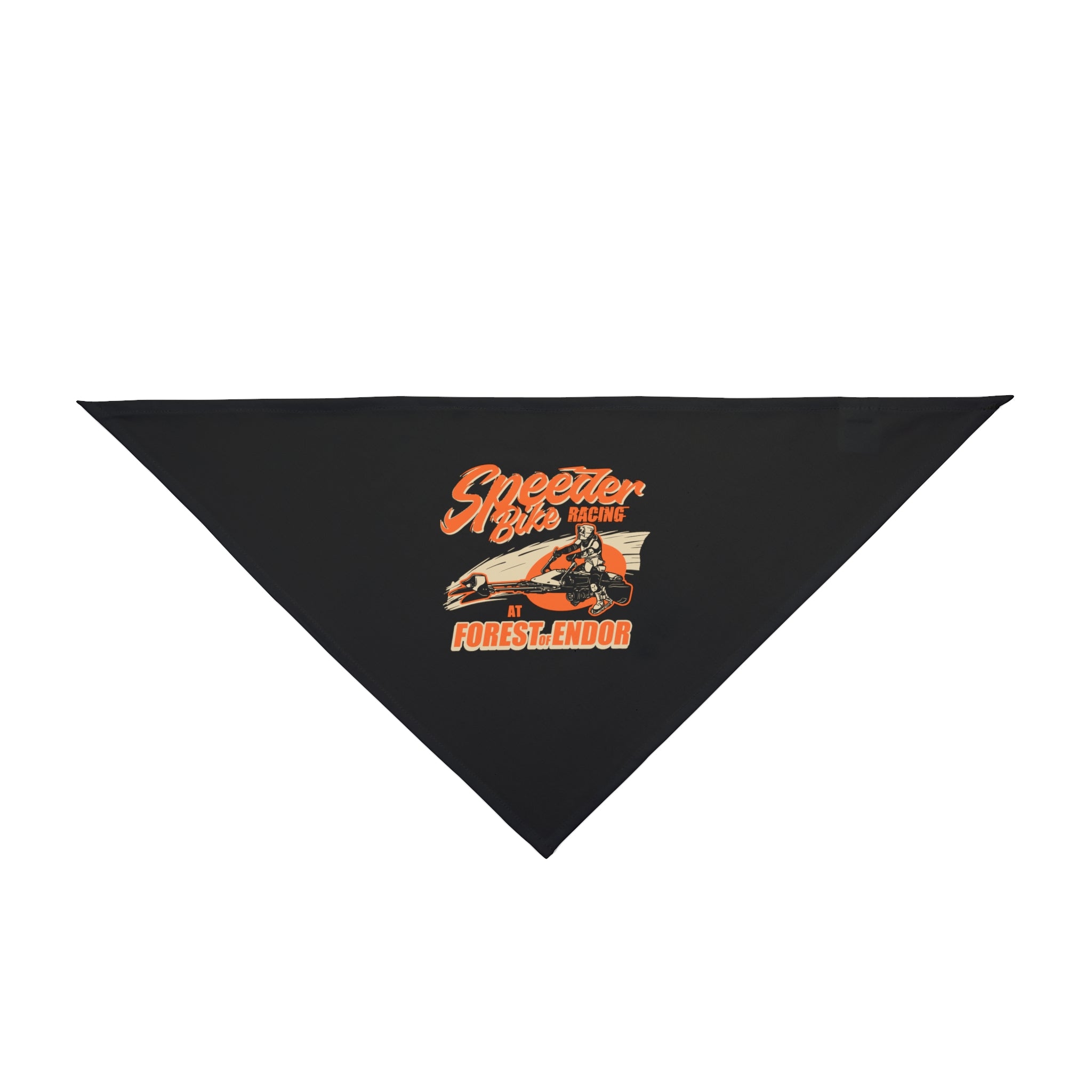 The Speeder Bike Racing - Pet Bandana is a black triangular Star Wars accessory with a speeder bike and rider illustration and orange “Speeder Bike Racing at Forest of Endor” text—perfect for any fan’s pet.