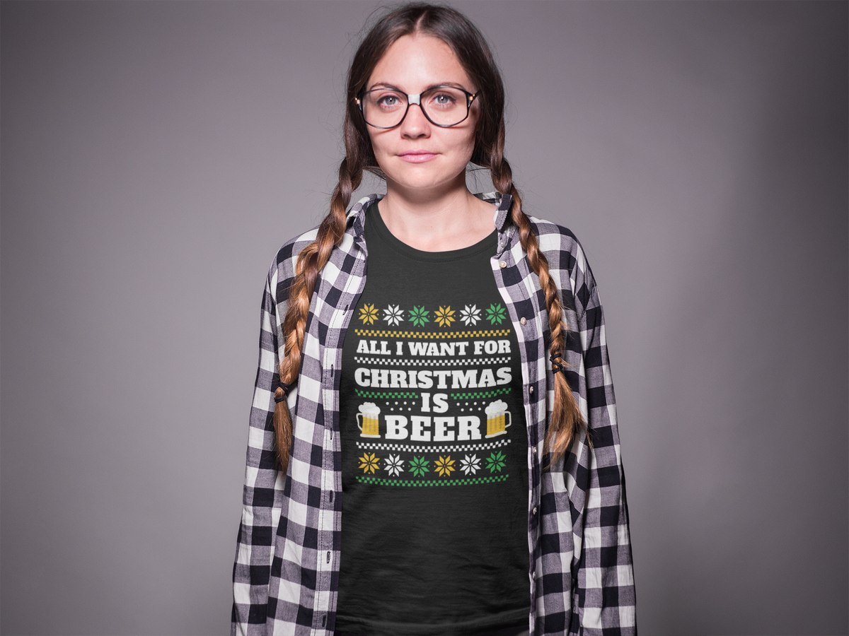 ‘All I Want For Christmas Is Beer’ black tee, woman wearing it with flannel, funny beer gift