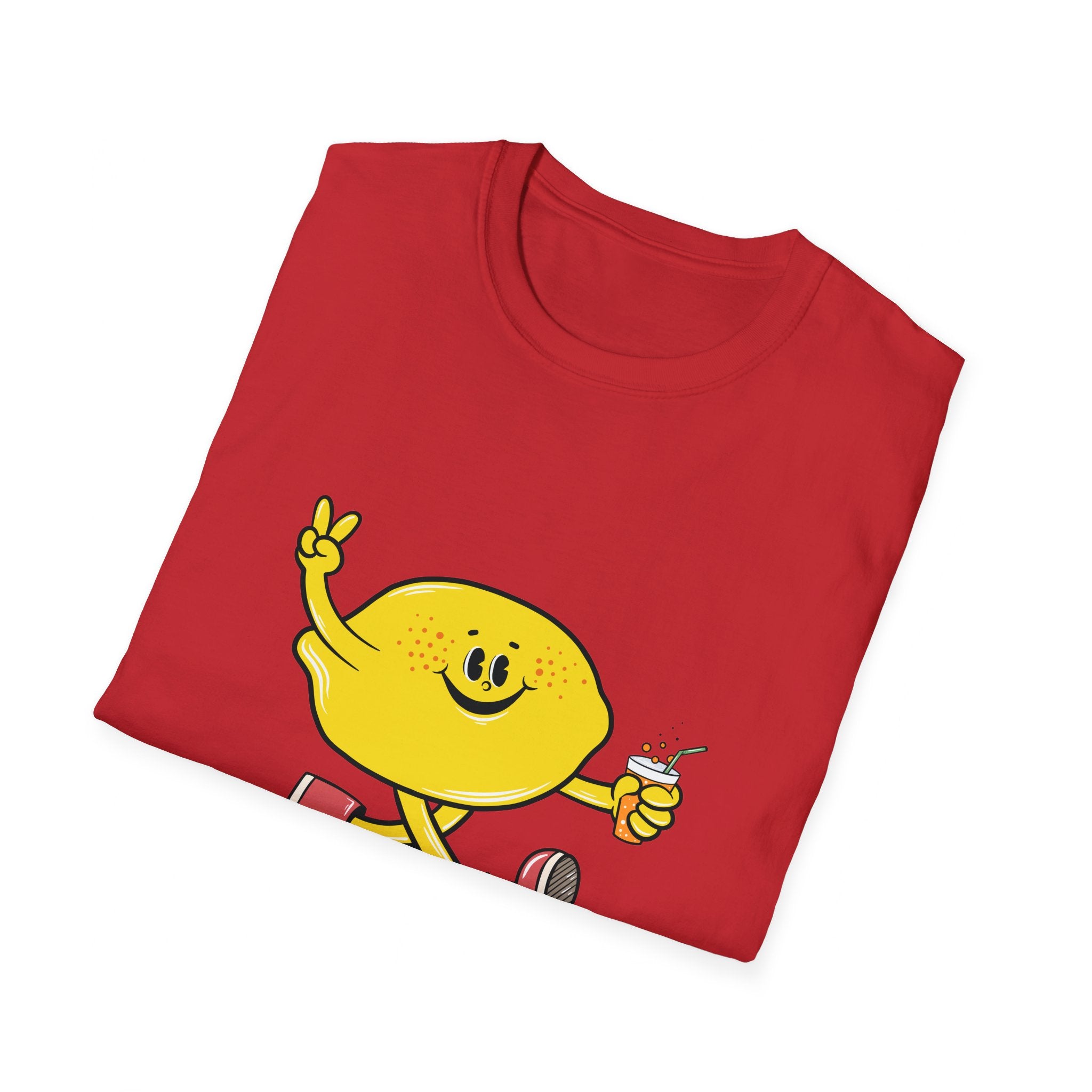 Cartoon Lemon red t-shirt featuring a cheerful, anthropomorphic lemon holding a drink and making a peace sign.