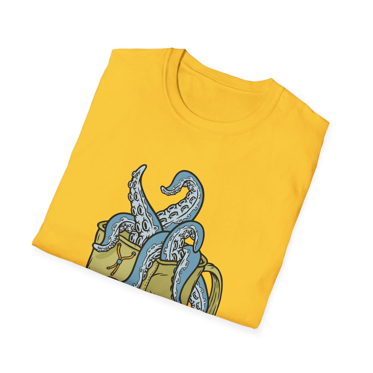 'Octopus Comes Out of the Bag' t-shirt in daisy yellow, folded flat lay, funny gift for backpackers