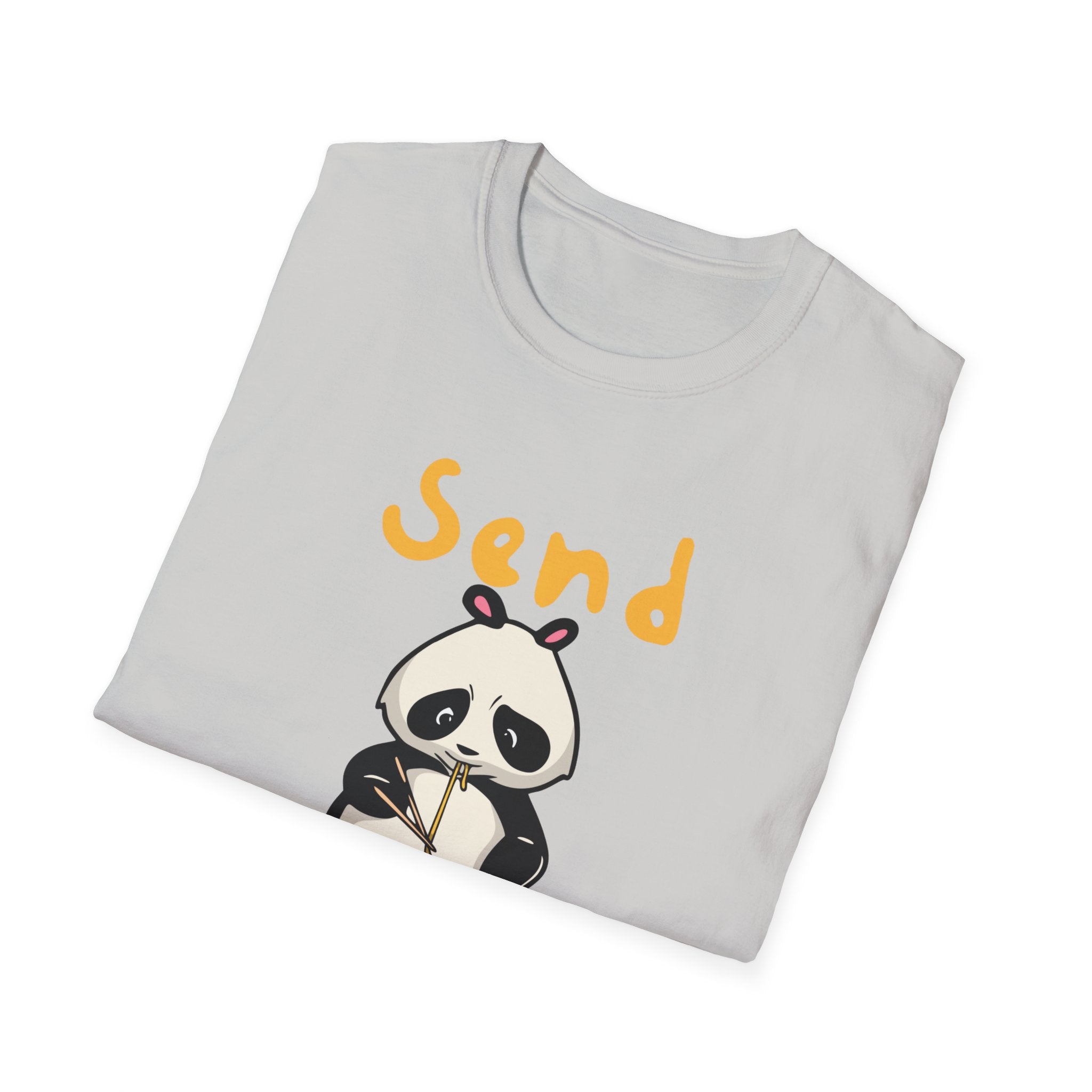 Neatly folded Send Noods T-Shirt in gray, showcasing a cartoon panda clutching a letter and adorned with the humorous phrase "Send Noods" for a trendy look.