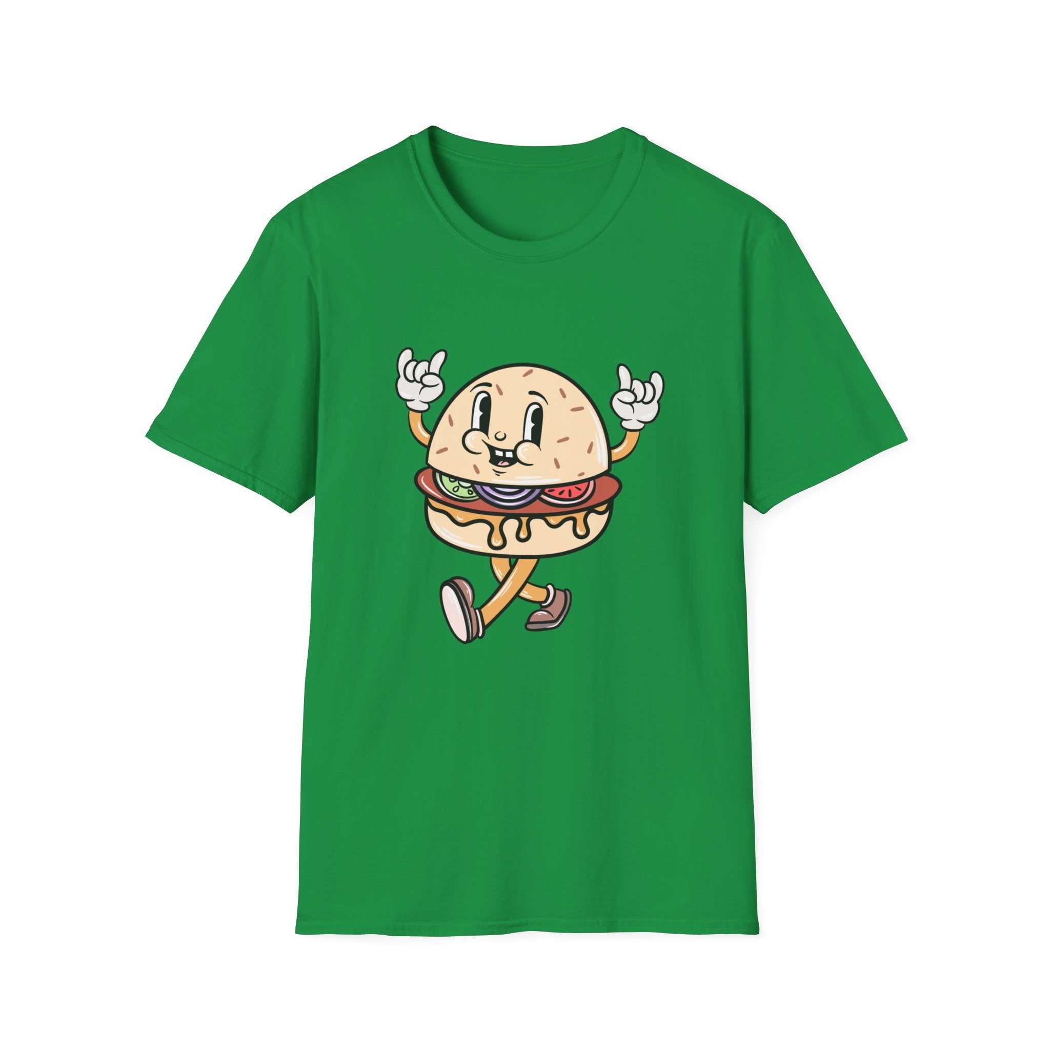 Green T-shirt with the Burger Cartoon character, showcasing a hamburger with eyes, arms, and legs in a playful pose.