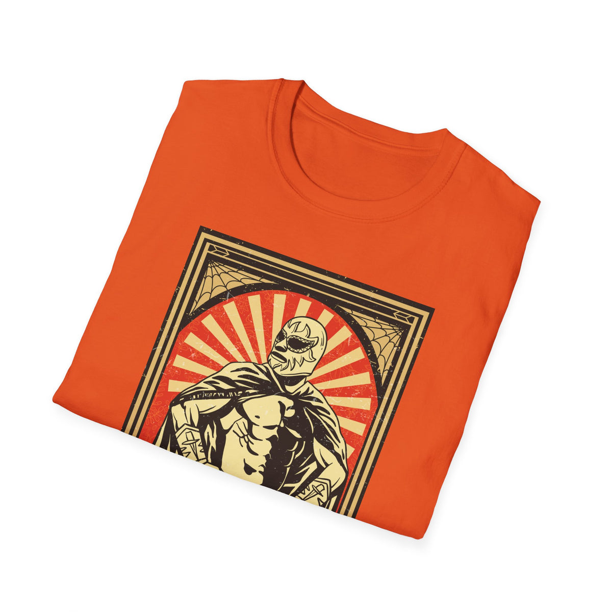 'Mexican Wrestler' retro poster print folded on orange t-shirt, funny lucha libre gift idea