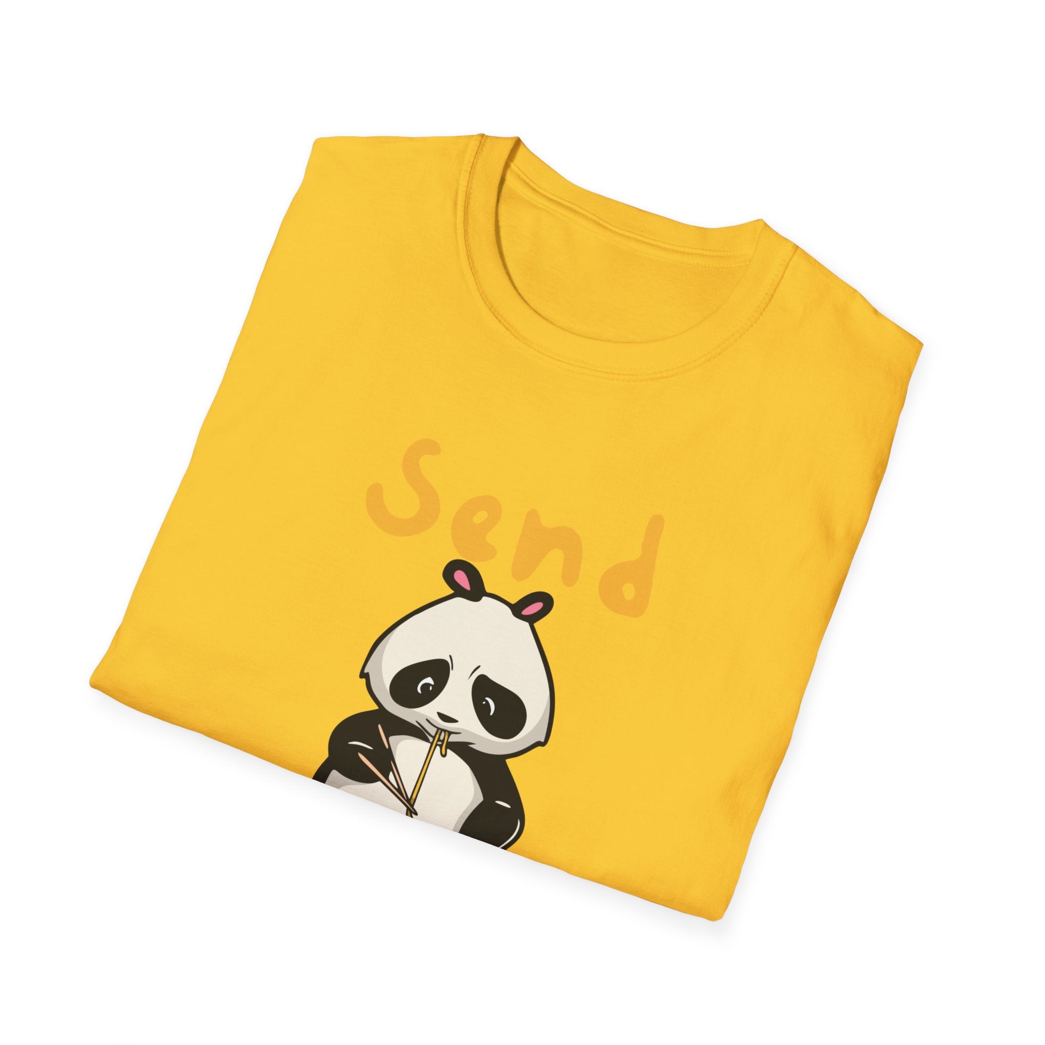 Send Noods T-Shirt, a yellow shirt featuring a cartoon panda graphic with the humorous phrase "Send Noods" above it, provides a fashionable fit for fans of playful style.