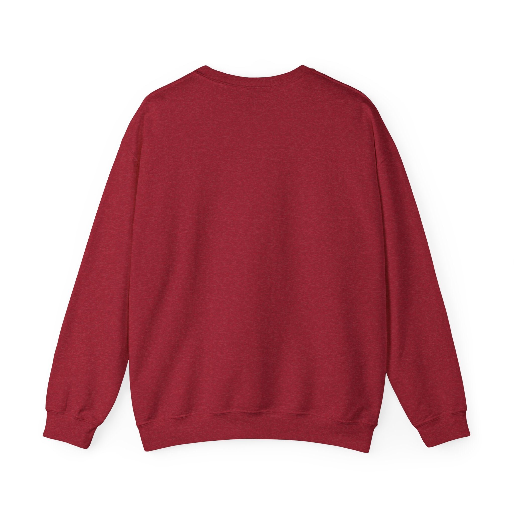 A Load Balanced Life sweatshirt in a cozy red color is shown against a white background, featuring its back side.