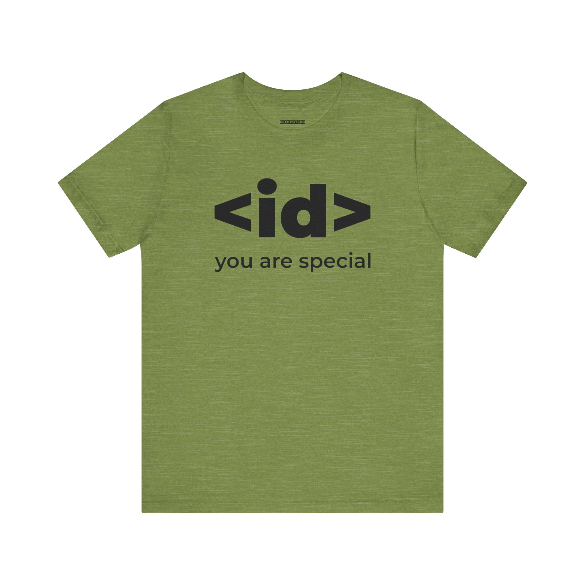 Green T-shirt with black text: "I Was Born Genius" featuring the "<id> You Are Special T-Shirt" design.