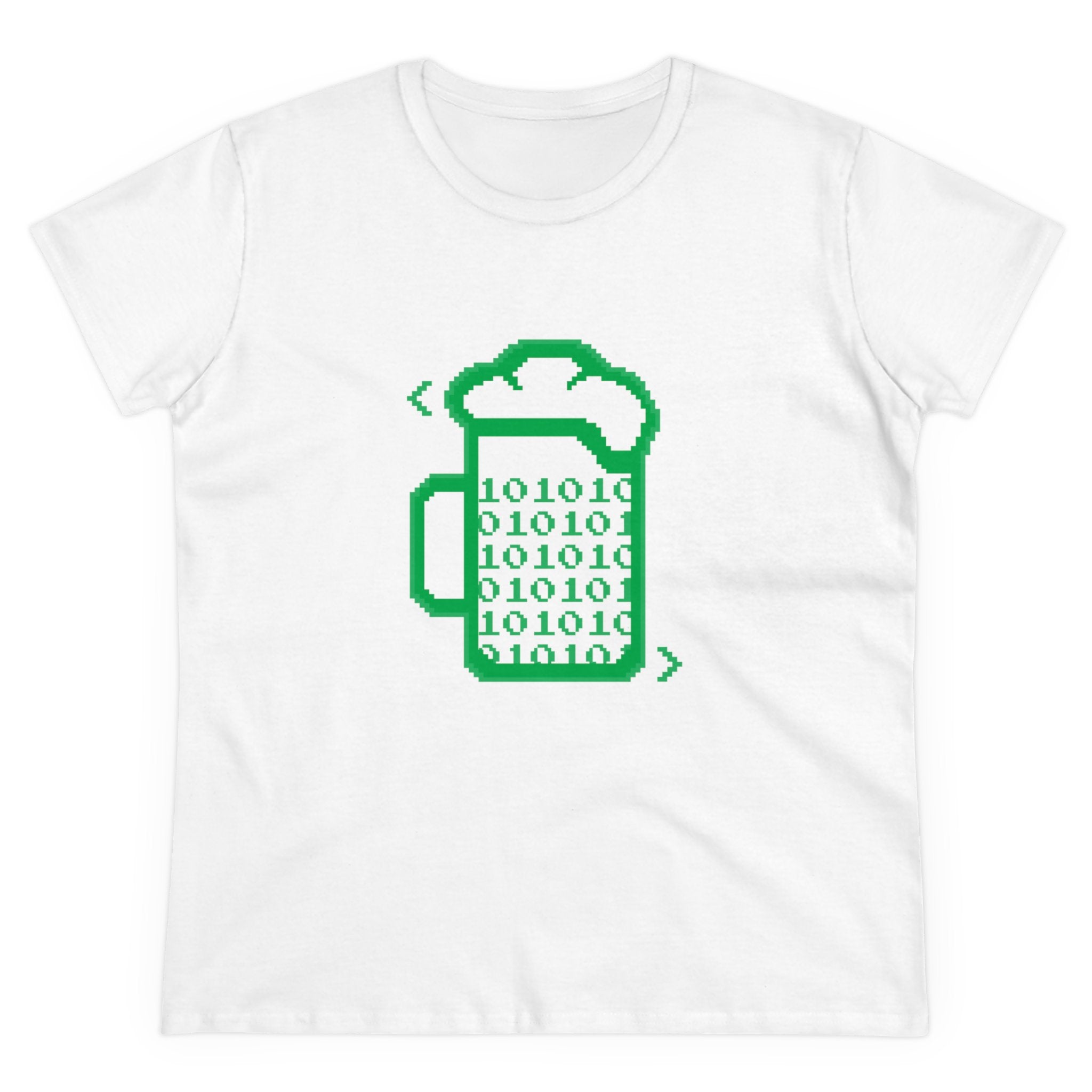 Express your geeky side with the Beer Code - Women's Tee! This white shirt features a green pixel art beer mug filled with binary "0" and "1" digits—perfect for coders and tech fans.