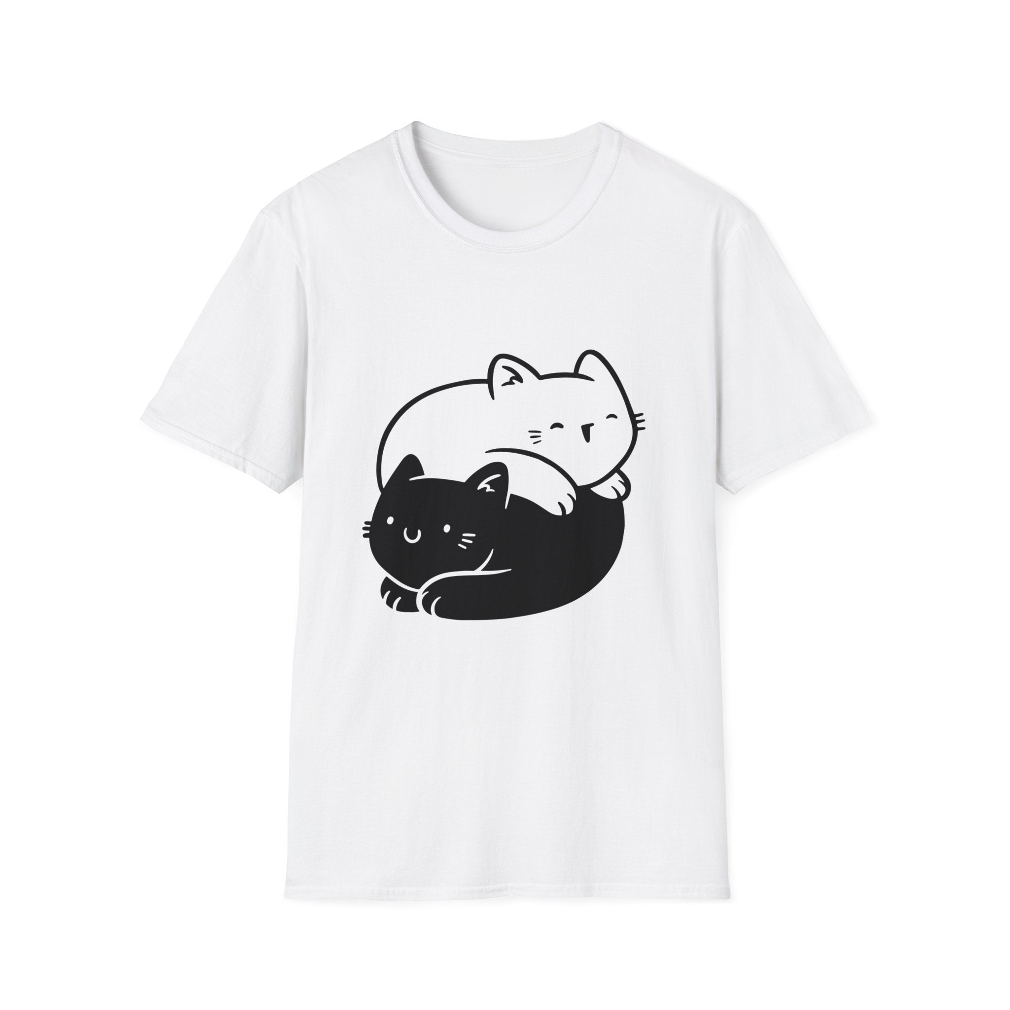 The Ying Young Cats T-Shirt features an enchanting design of two charming cartoon cats, one black and one white, snugly nestled together with undeniable cattitude.