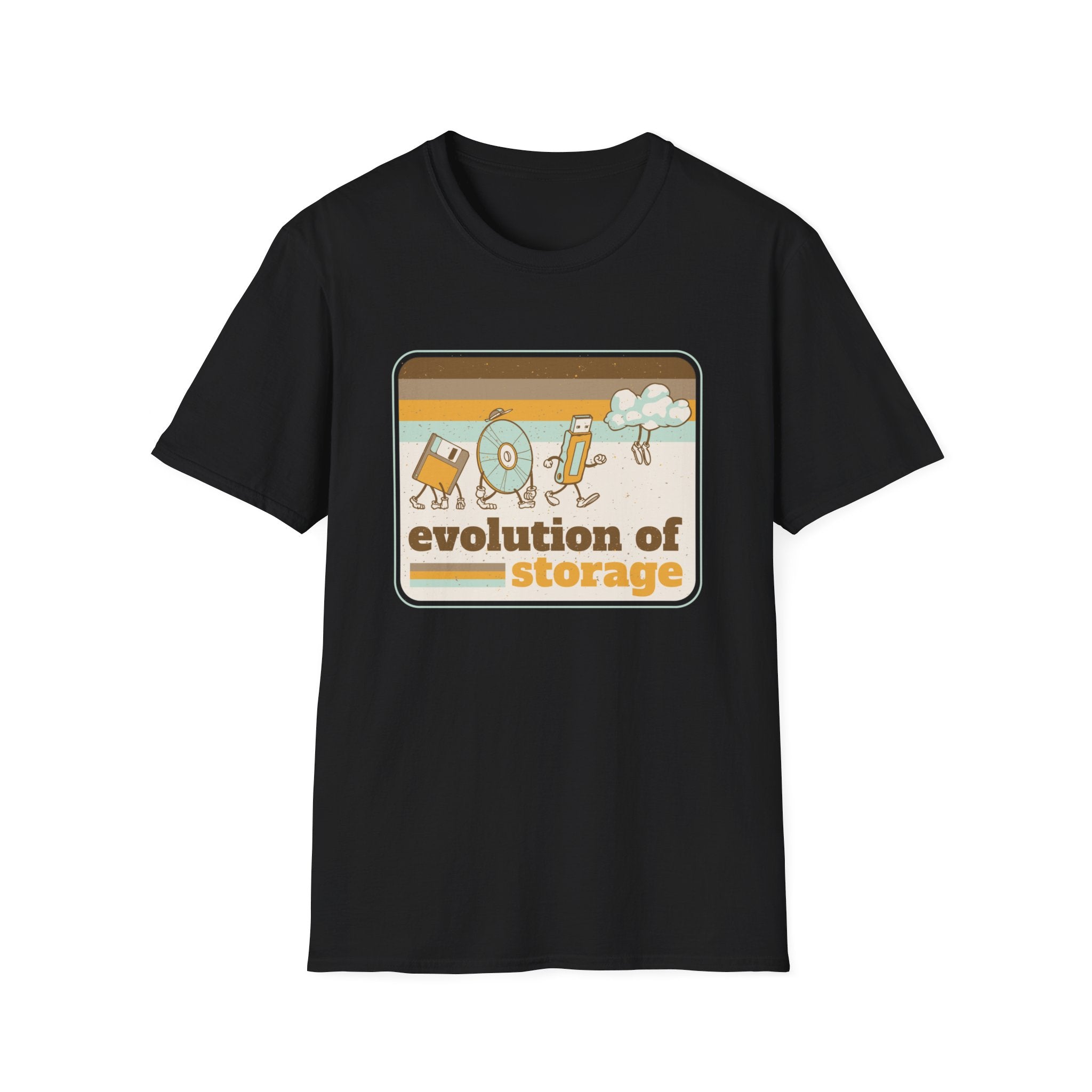 Black "Evolution of Storage" T-shirt celebrating nerd culture with a retro design that showcases the evolution of storage devices: floppy disk, CD, USB drive, and cloud.