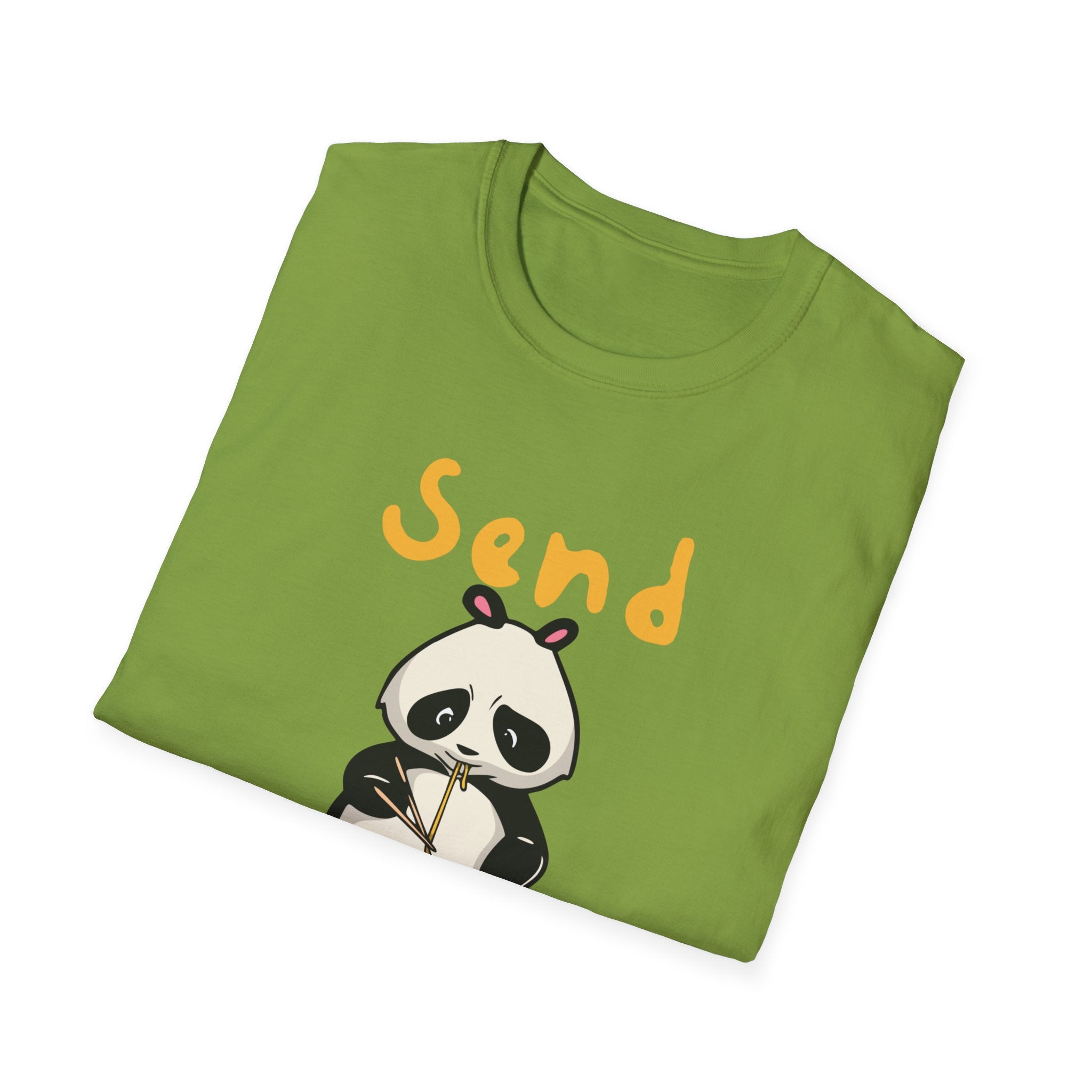 The Send Noods T-Shirt features a fashionable fit and displays a cartoon panda enjoying noodles, with the humorous phrase "Send Noods" above it.