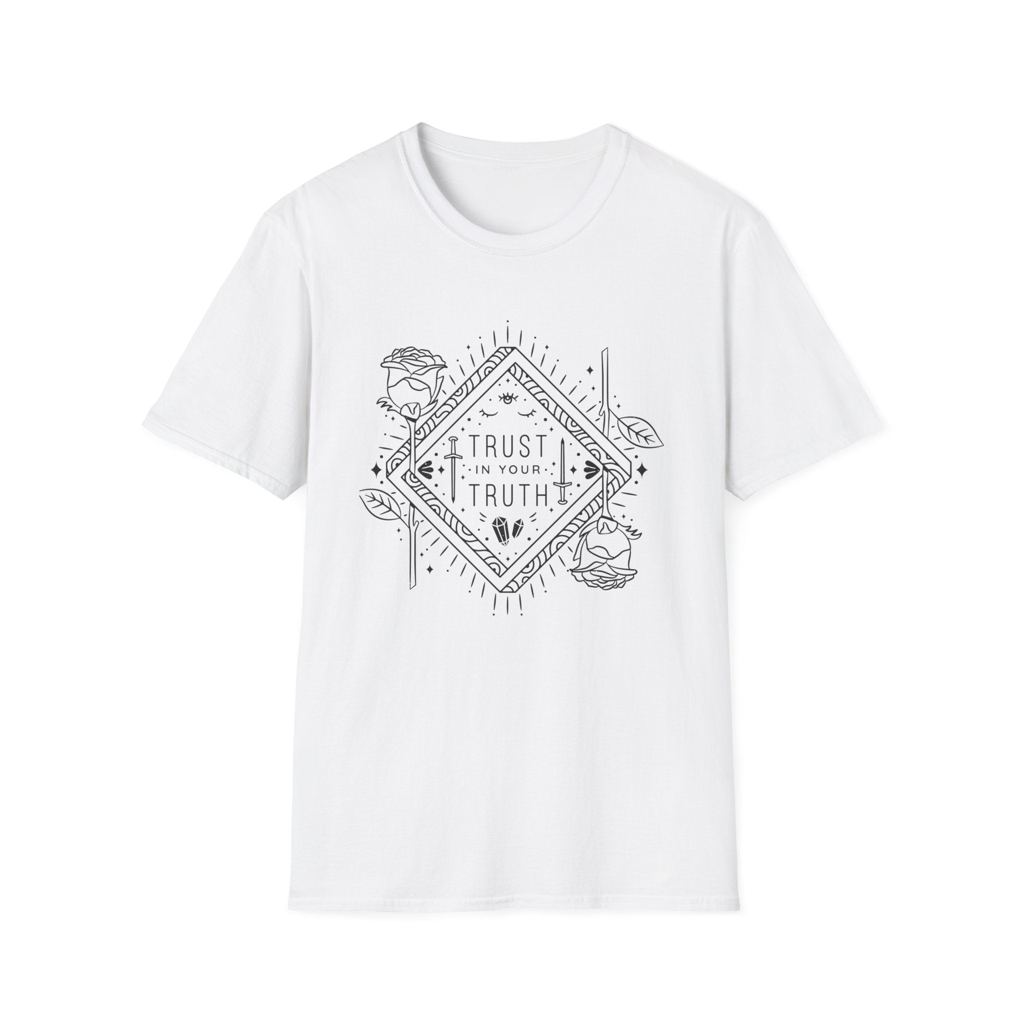 Embrace your inner geek culture with the "Trust in Your Truth T-Shirt," a white tee featuring a geometric floral design centered around the inspiring text, perfect for stylish self-expression.