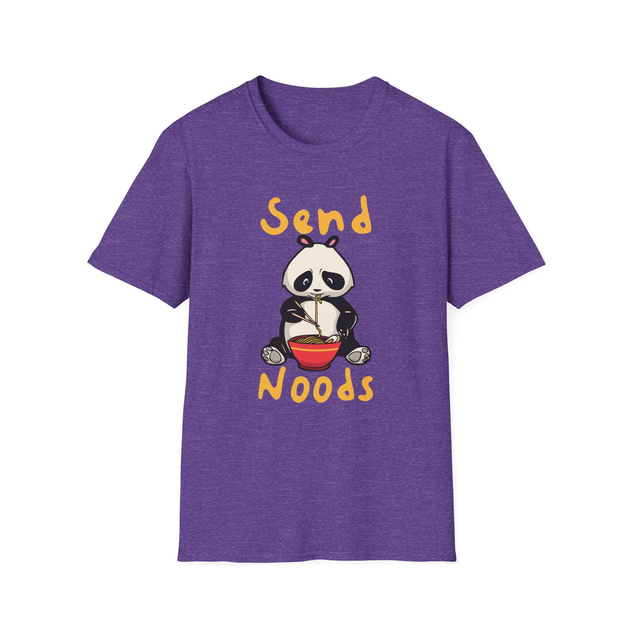 This trendy "Send Noods" T-shirt features a humorous design of a panda enjoying noodles, printed in vibrant yellow against a stylish purple background.