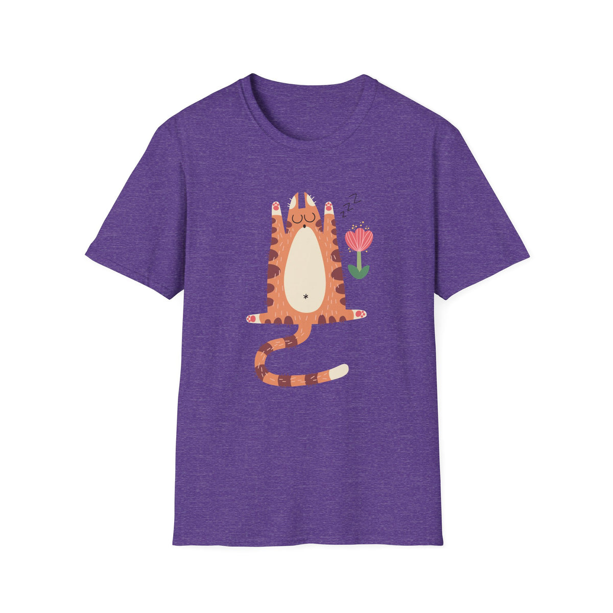 "You Make Me Go ZZZ" sleepy cat t-shirt in heather purple, flat lay front print, funny cat lover gift