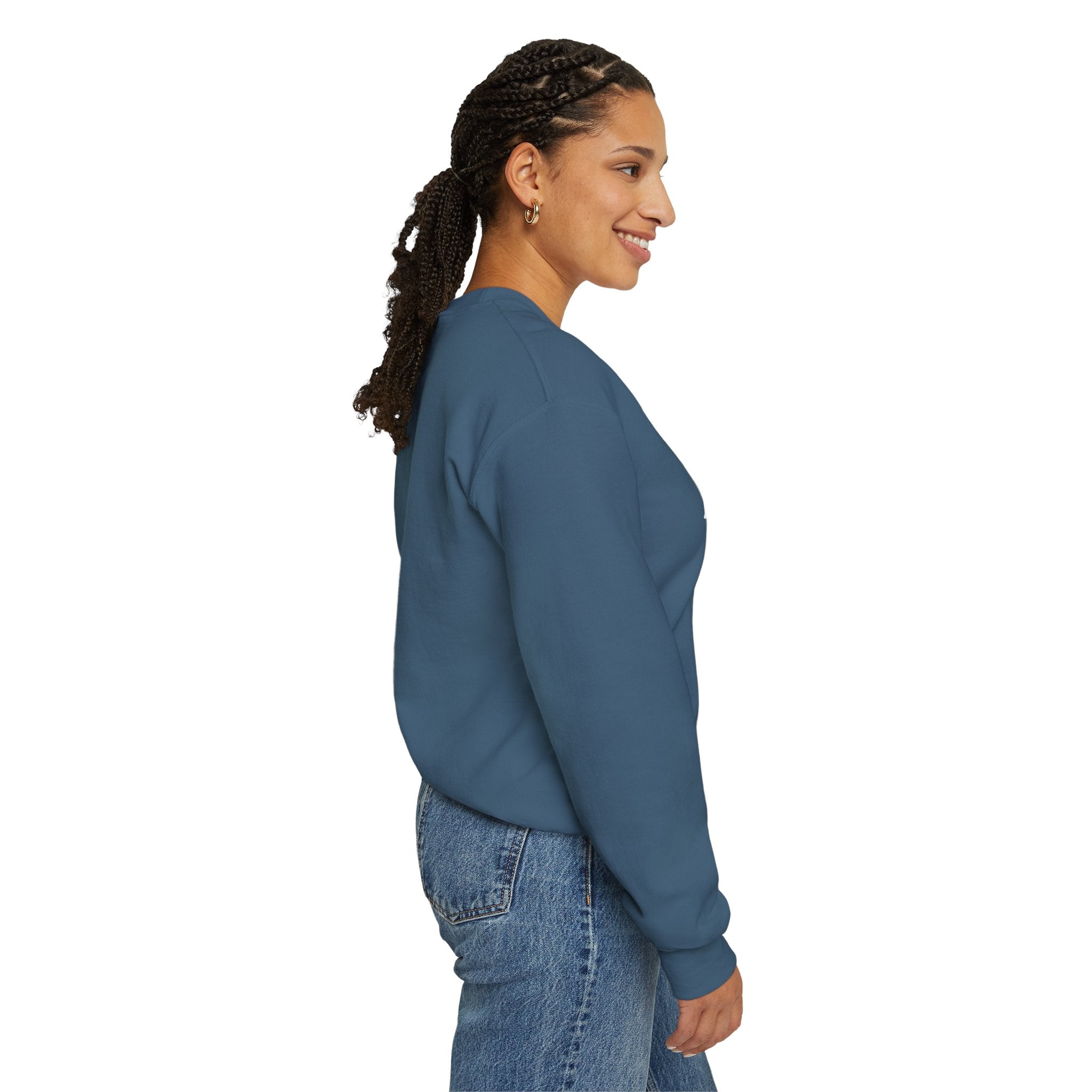 Dressed in the Load Balanced Life Sweatshirt and jeans, an individual stands in profile against a white background, radiating cozy comfort.
