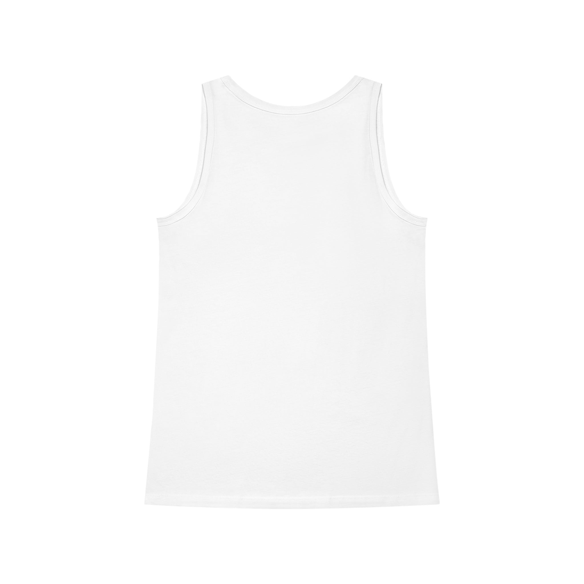 The Flowers Women's Dreamer Tank Top, made from organic cotton, is a plain white sleeveless marvel. Its lightweight design and straight hemline are elegantly highlighted in the back view against a white backdrop.