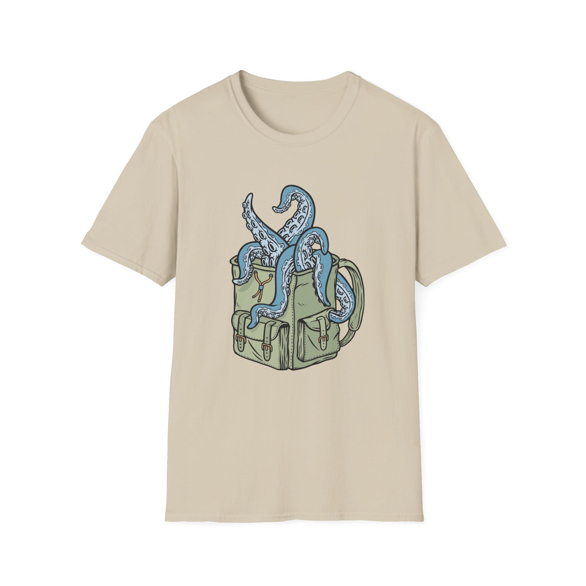 'Octopus Comes Out of the Bag' t-shirt in sand, flat lay front, funny gift for hikers and backpackers