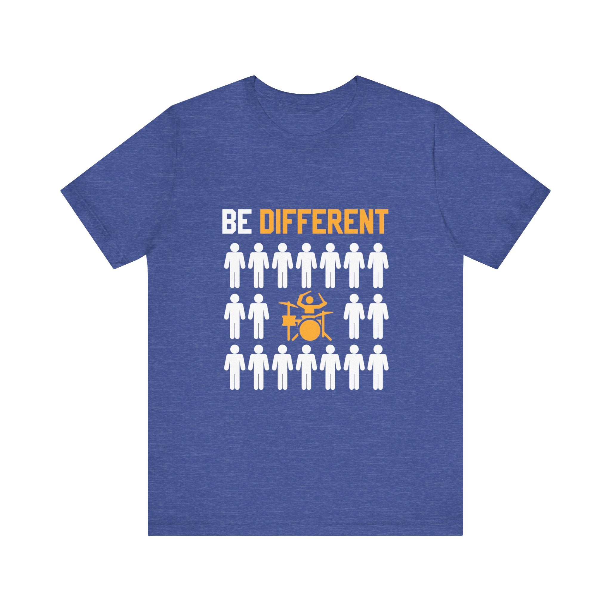 Be Different T-Shirt: This premium fabric blue tee showcases a striking design featuring the phrase "Be Different" above a grid of white stick figures, with one standout orange figure playing drums, offering ultimate comfort and style.