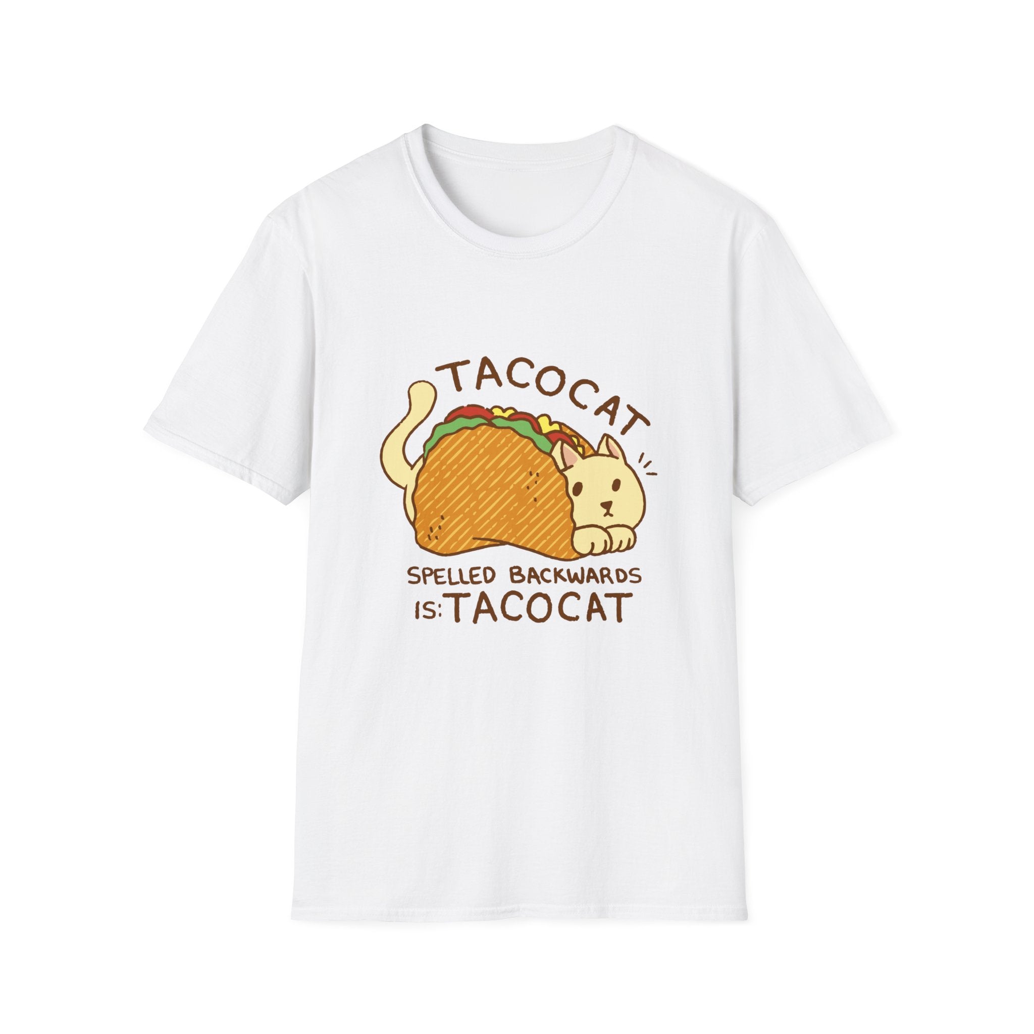 The TACOCAT T-Shirt is a quirky white tee showcasing a cat in a taco with the phrase "TACOCAT spelled backwards is TACOCAT." Perfect for fans of nerdy humor, it's an ideal choice to embrace your geek chic style.