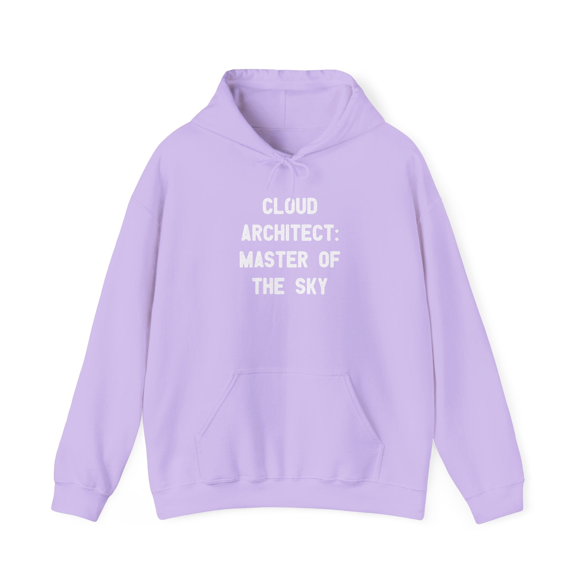 The "Cloud Architect Master of the Sky" hooded sweatshirt is designed in a classic fit style and features the text "CLOUD ARCHITECT: MASTER OF THE SKY" elegantly printed in white on the front, set against a lavender background.