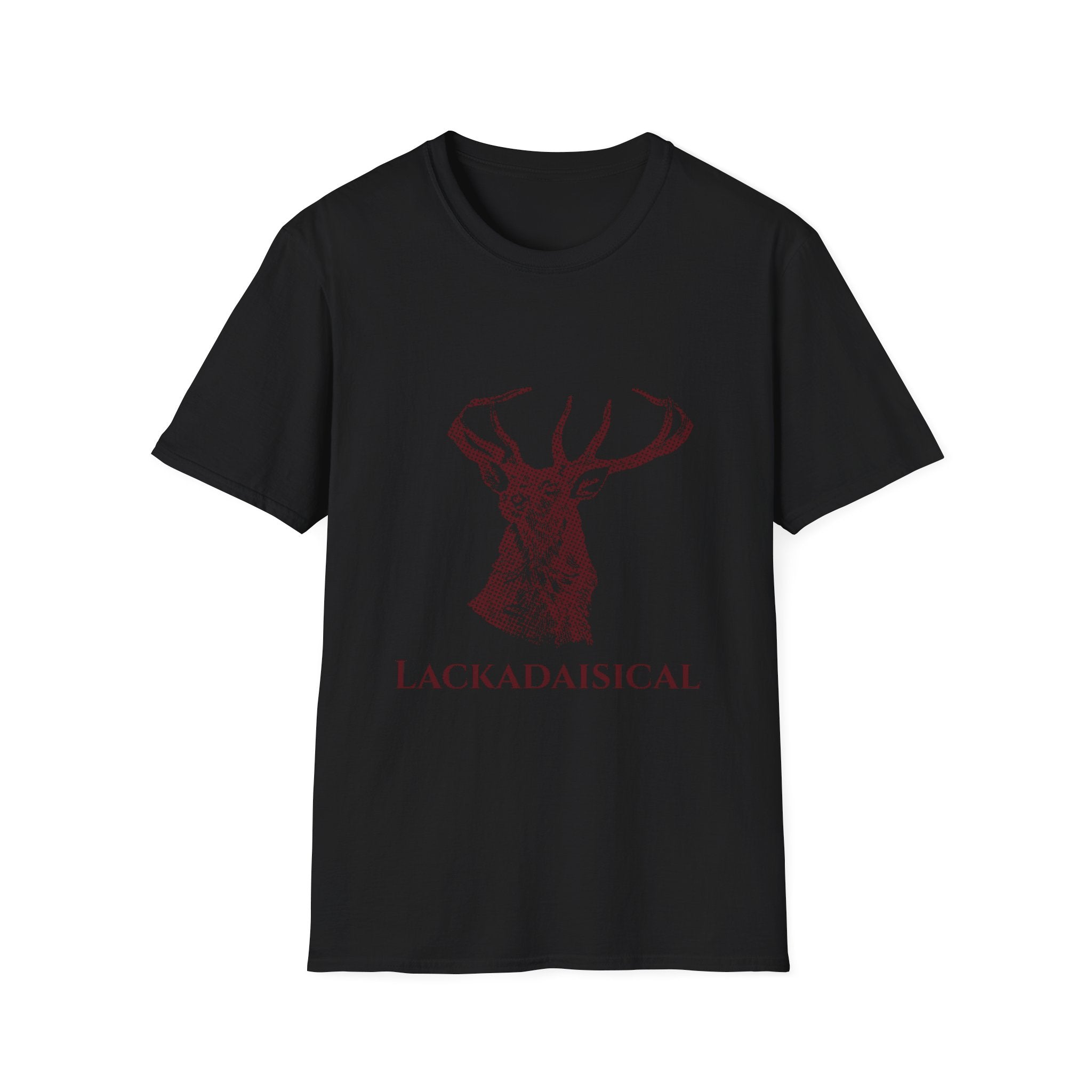 The Luck T-Shirt is a premium cotton black tee featuring a bold red deer graphic with large antlers and the word "LACKADAISICAL," offering both style and comfort for fans of laid-back but bold fashion.