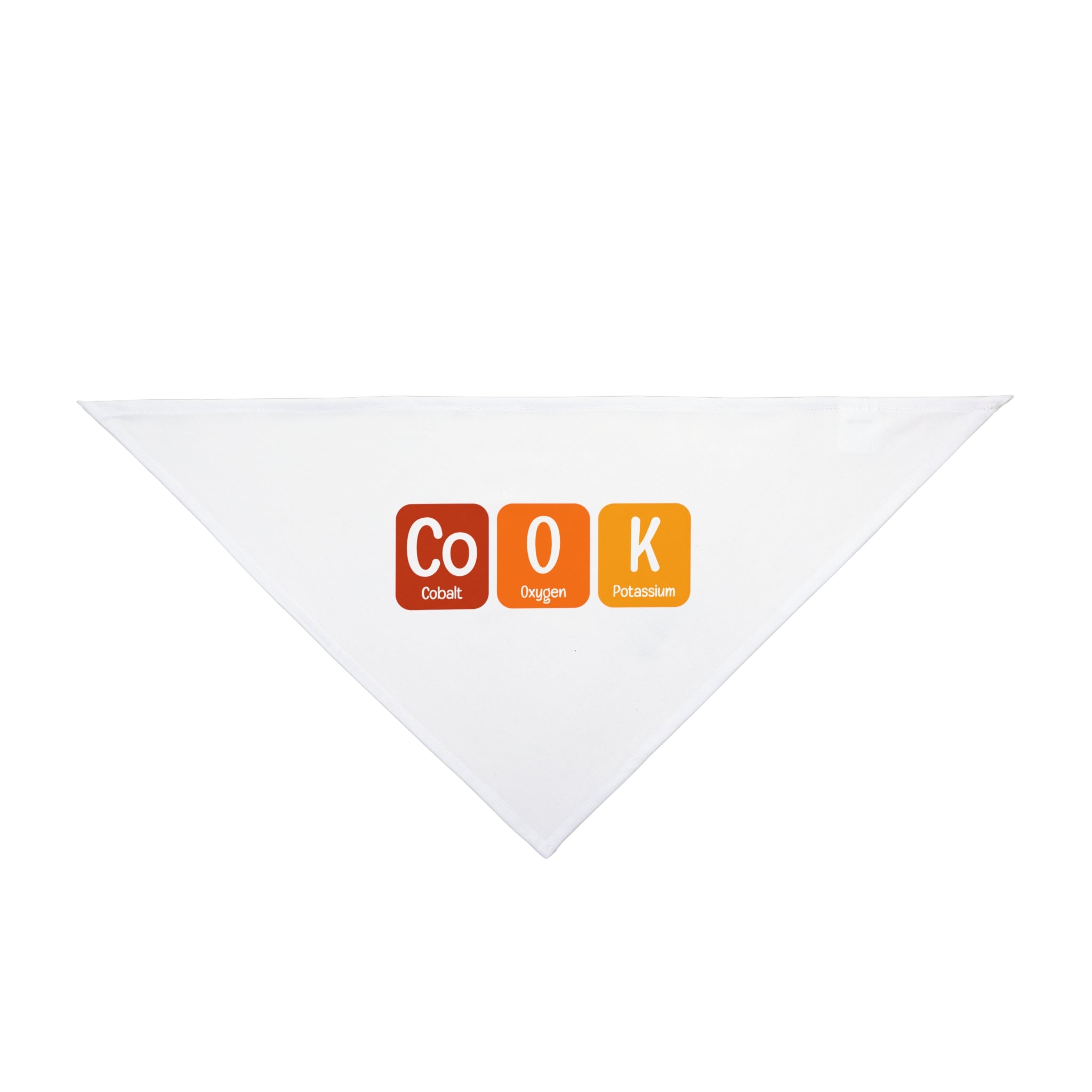 The Co-O-K Pet Bandana features "COOK" spelled with periodic table elements—Cobalt (Co), Oxygen (O), and Potassium (K)—in bold colored squares, making it a fun accessory for pets of science and nerd culture lovers.