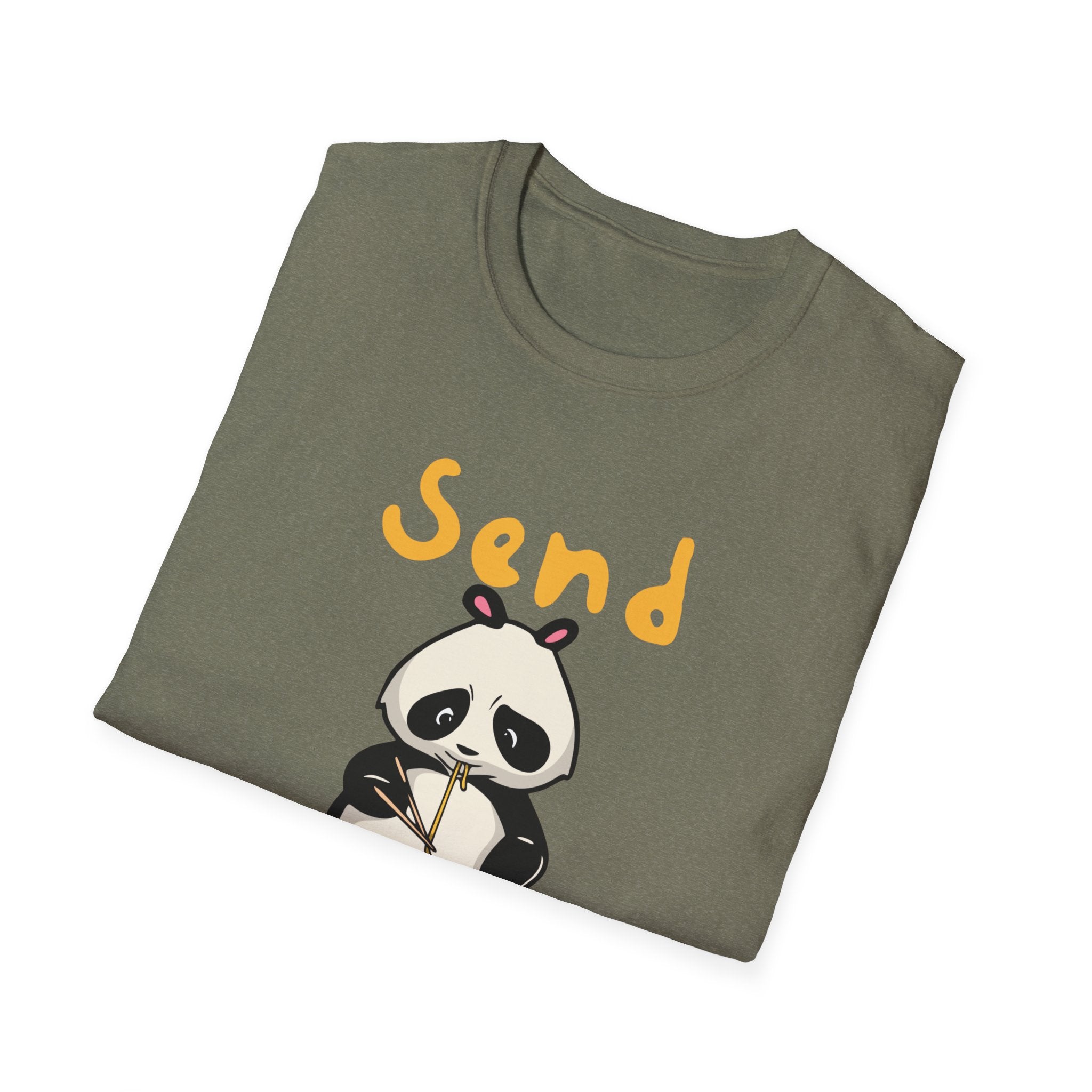 The Send Noods T-Shirt features a fashionable fit and a cartoon panda holding chopsticks. The playful phrase "Send Noods" is printed above the panda, adding a humorous touch.