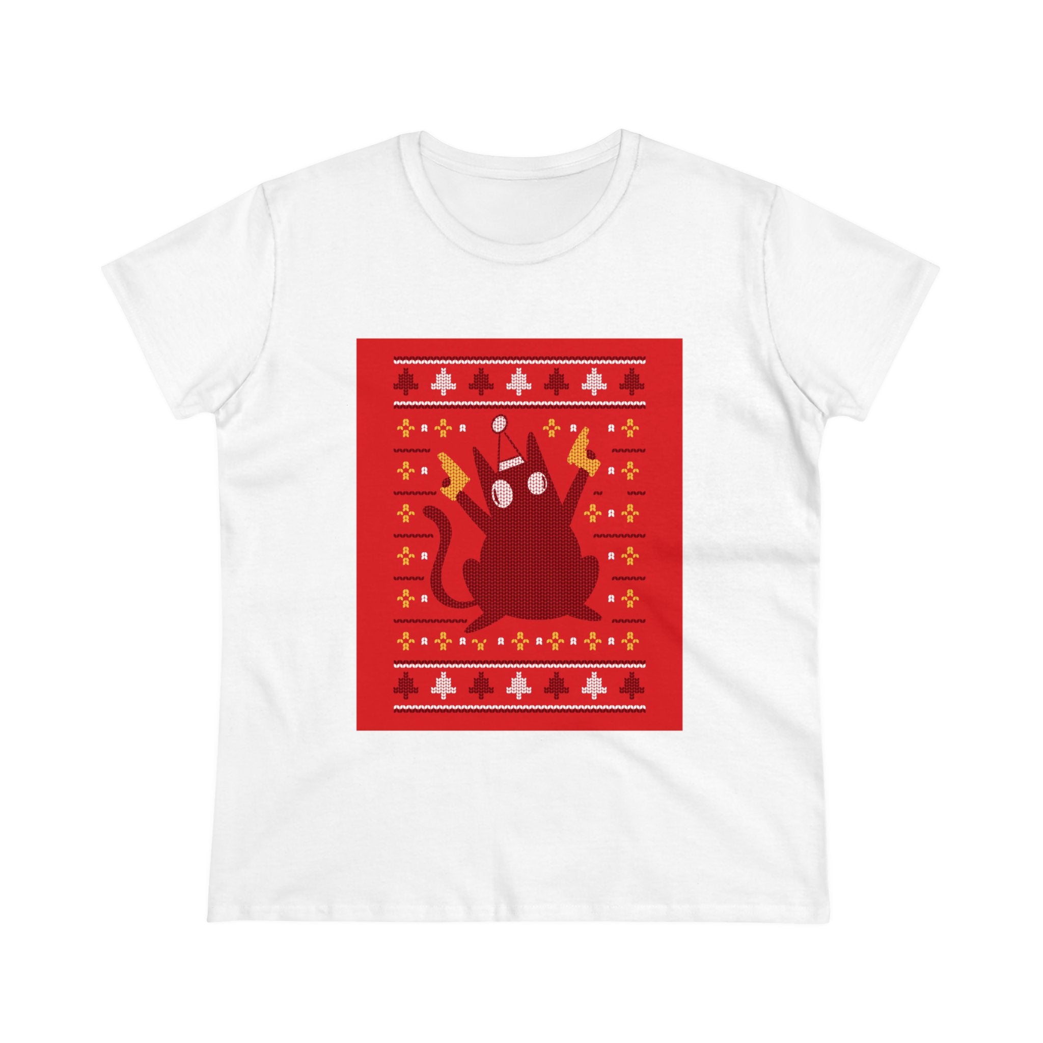 Ugly Sweater Cat - Women's Tee: White shirt with a red graphic of a black cat in a Santa hat, yellow eyes, and Christmas-themed patterns—a playful blend of nerd culture and festive flair.