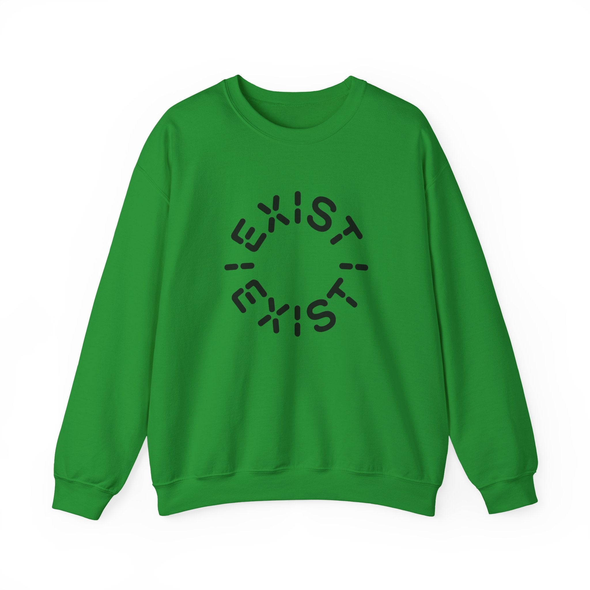 The Exist Exist - Sweatshirt is an eco-friendly green top featuring "EXIST" printed three times in a circular black pattern on the front—ideal for space enthusiasts.