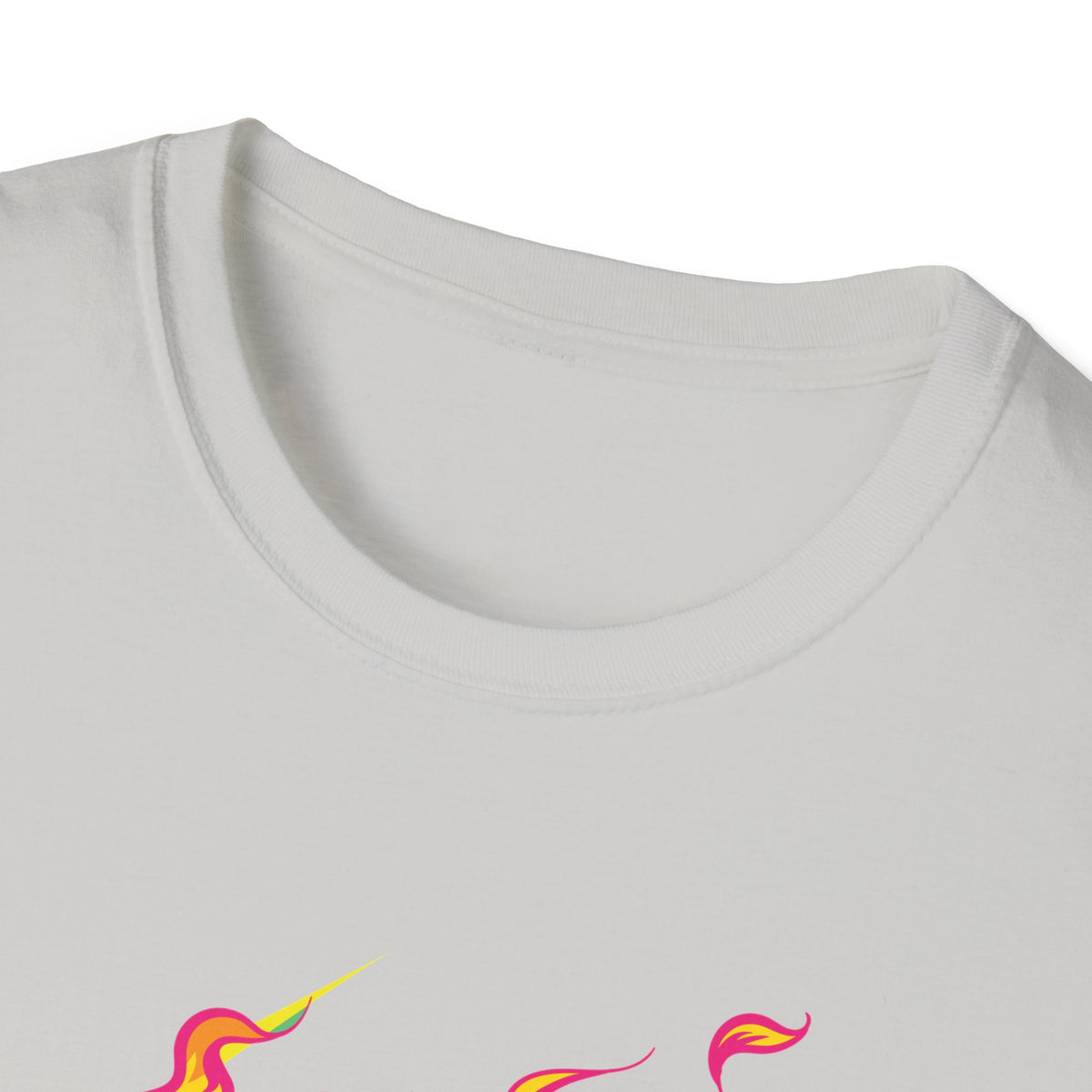 Close-up of 'Skull in Flames' t-shirt neckline in ice grey with flame print peeking, funny gothic tee