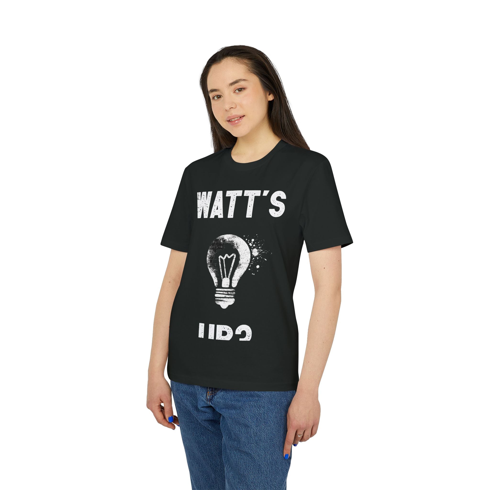 A woman wears the Watts Up - Organic T-Shirt, an eco-friendly black shirt featuring a light bulb graphic and "WATT'S UP?" printed on the front.