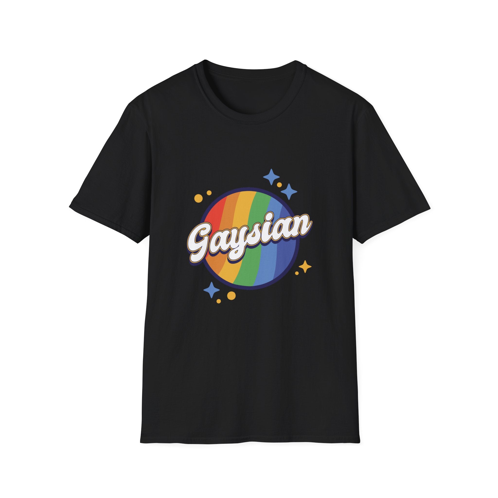 The Gaysian T-Shirt features a black design with a rainbow planet graphic and "Gaysian" in white cursive on the front, ideal for pop culture enthusiasts looking to make a bold statement.